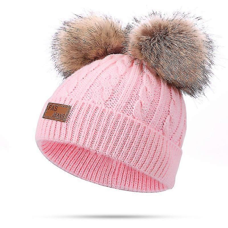 Toddler Woolen Hat Winter Twist Double Pom Pom Knitted Beanies Cap Pink