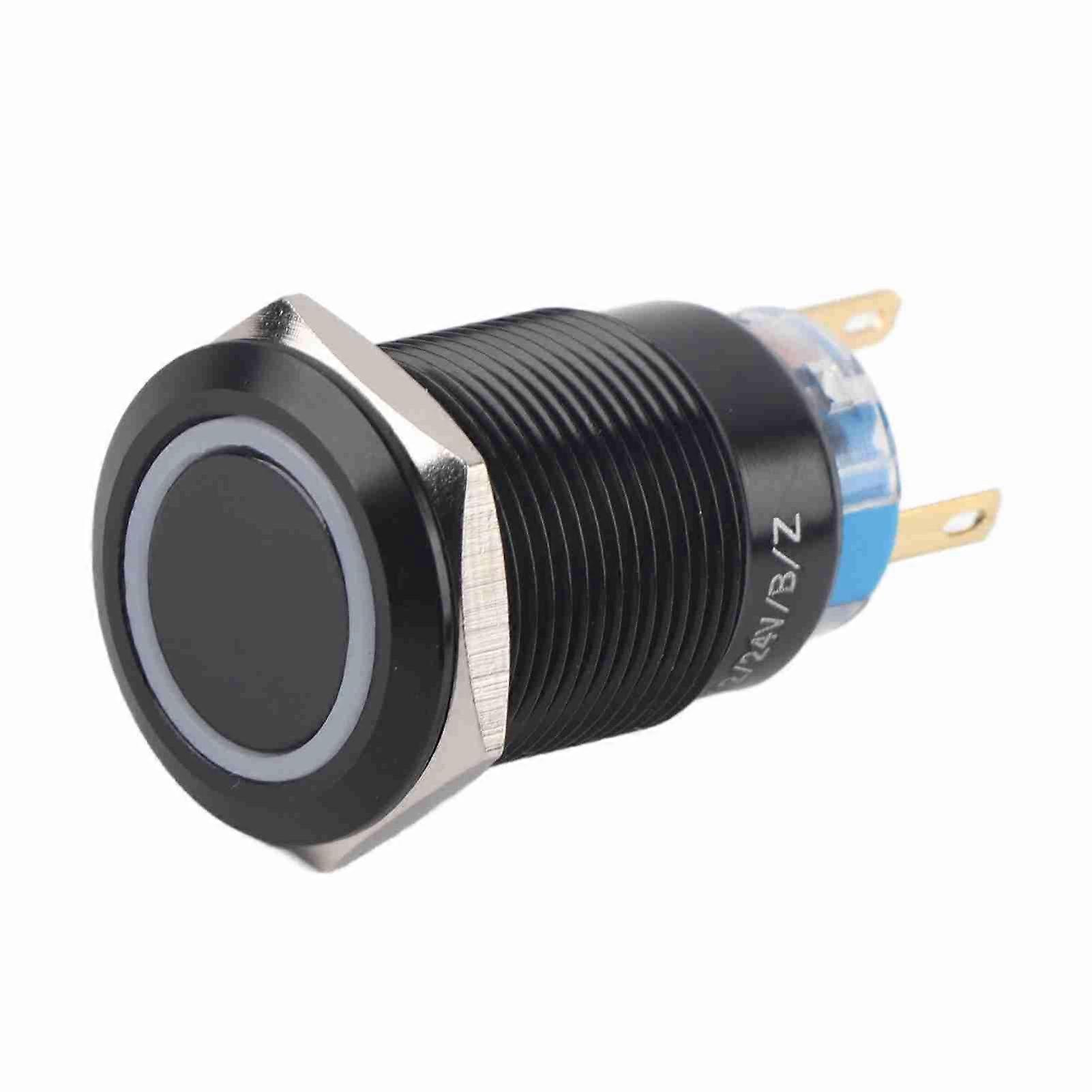 19mm 12-24V Flat Self-Locking Push Button Switch On/Off Black Waterproof Blue LED