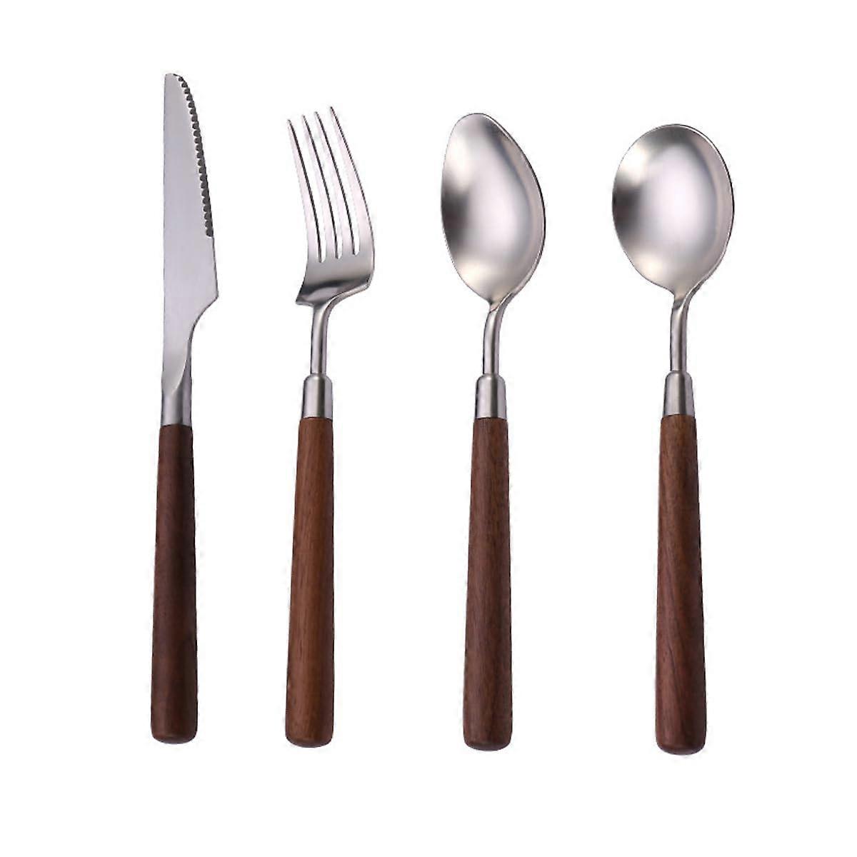 Walnut Handle Flatware Set, 4 Pcs Stainless Steel Cutlery, Durable Utensils, Elegant Dining Silverware Set