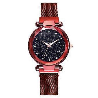 Strass Versierde Romeinse Cijfers Horloge Mode Mesh Band Quartz Polshorloge (Rood), voor mannen en vrouwen