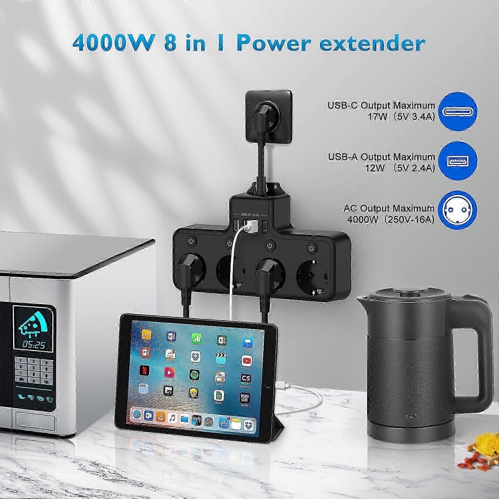 4-way 8 In 1power Strip, Individually Switchable, Multiple Socket With Usb C, 4 Sockets And 4 Usb Ports, Double Plug For Socket, Wall Mounting, Multip