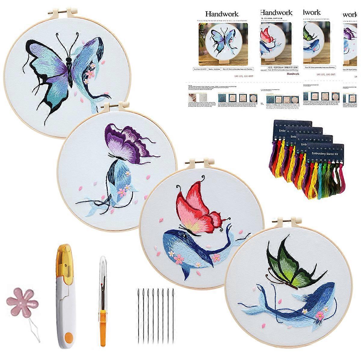 Stitched Practice Kit For Embroidery Beginners, Vibrant Threads On Pre-printed Butterfly Pattern, Complete Kit With Adjustable Hoop And Easy