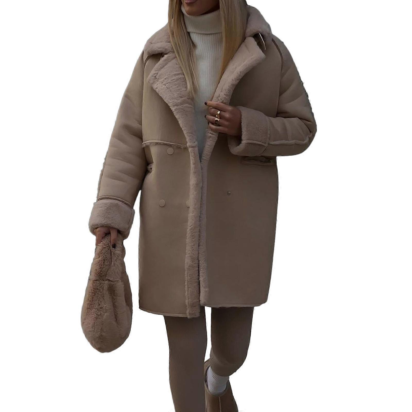 Stylish Women's Coat Winter Warm Solid Color Jacket Long Sleeve Buttons Long Loose Windbreaker for Everyday Use Khaki XL