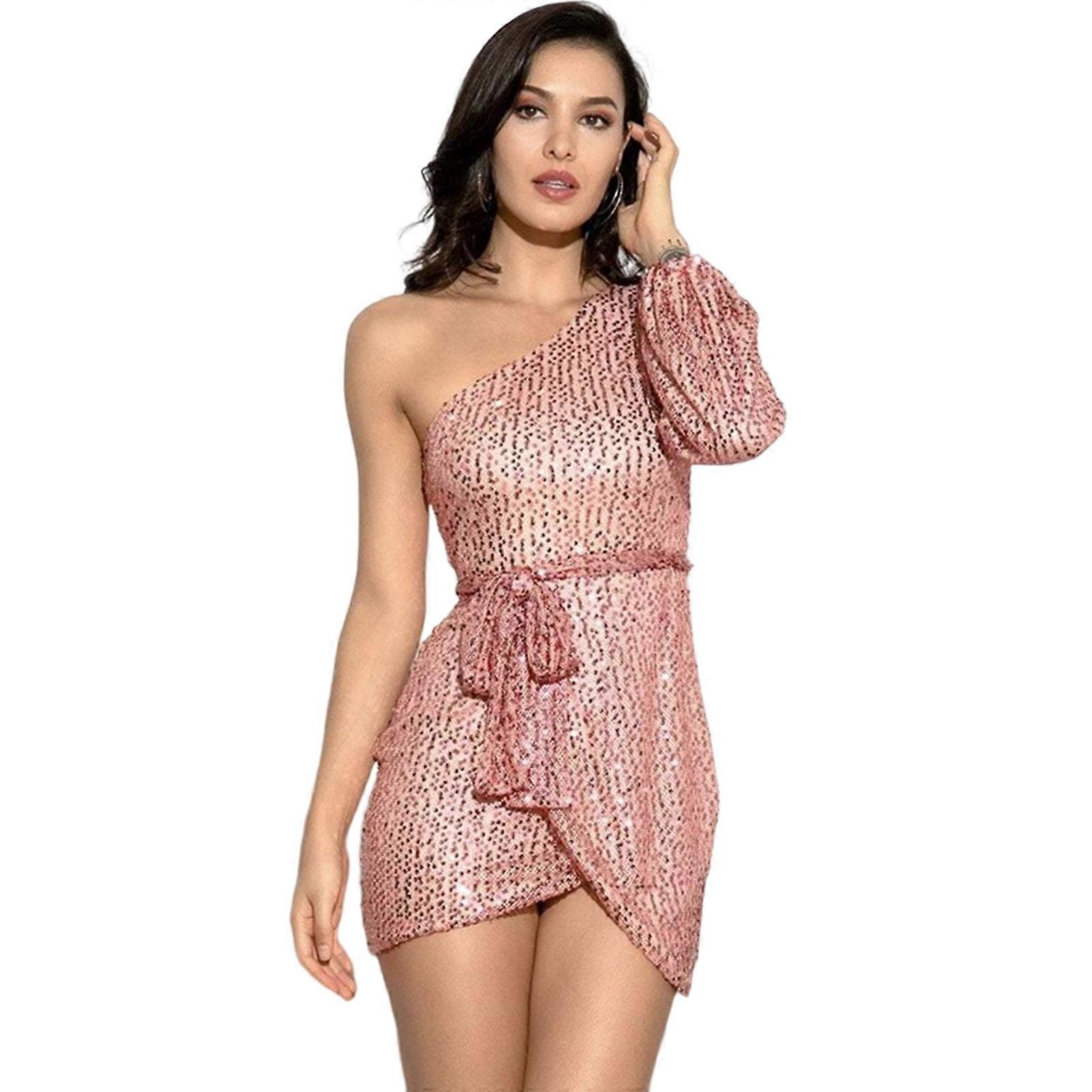 Women Sparkly Sequins Long Sleeve Bodycon Dress Sexy One Shoulder Belted High Waist Cocktail Party Short Pencil Dresses  Pink XL