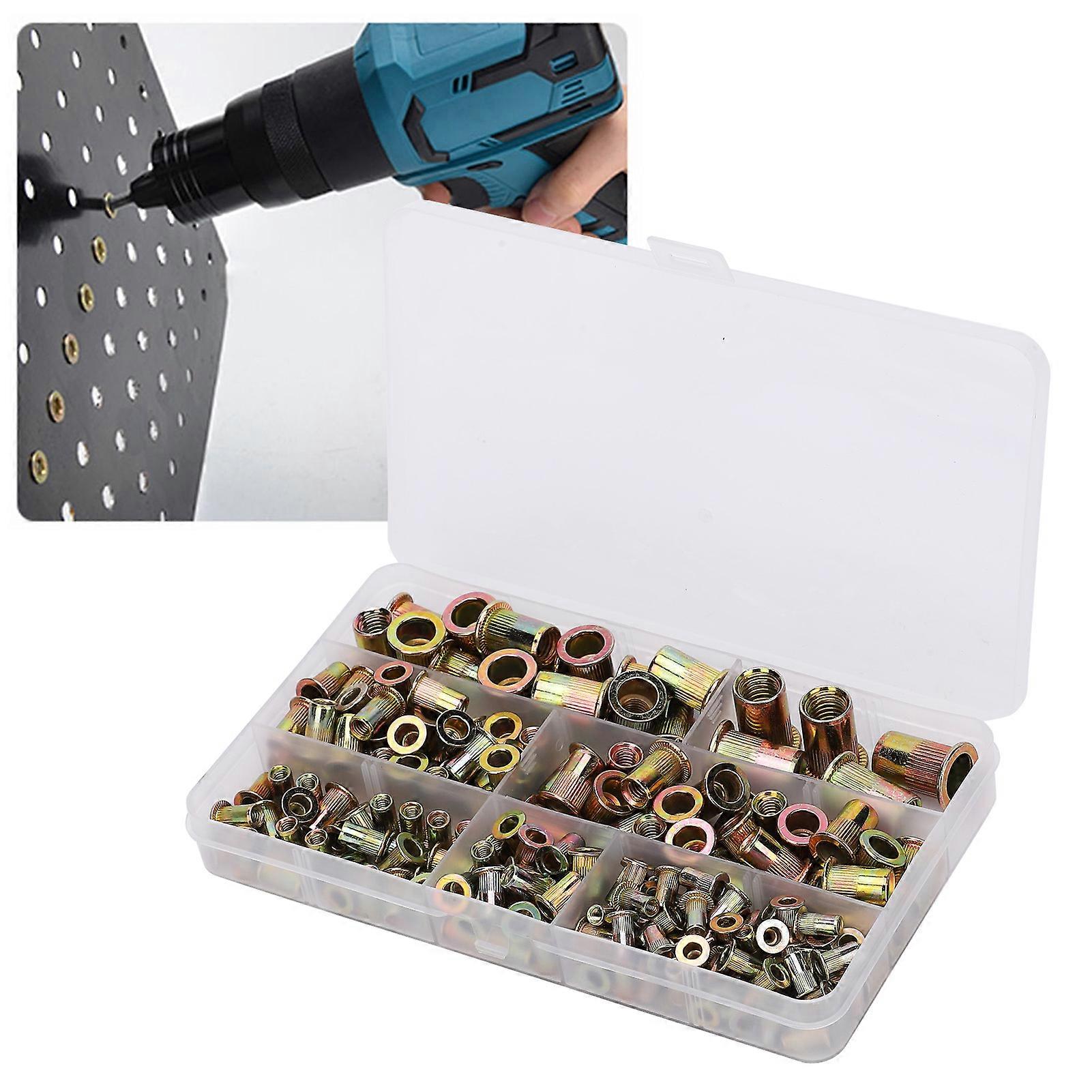 200Pcs M3-M10 Galvanized Steel Flattop Vertical Grain Rivet Nut Set