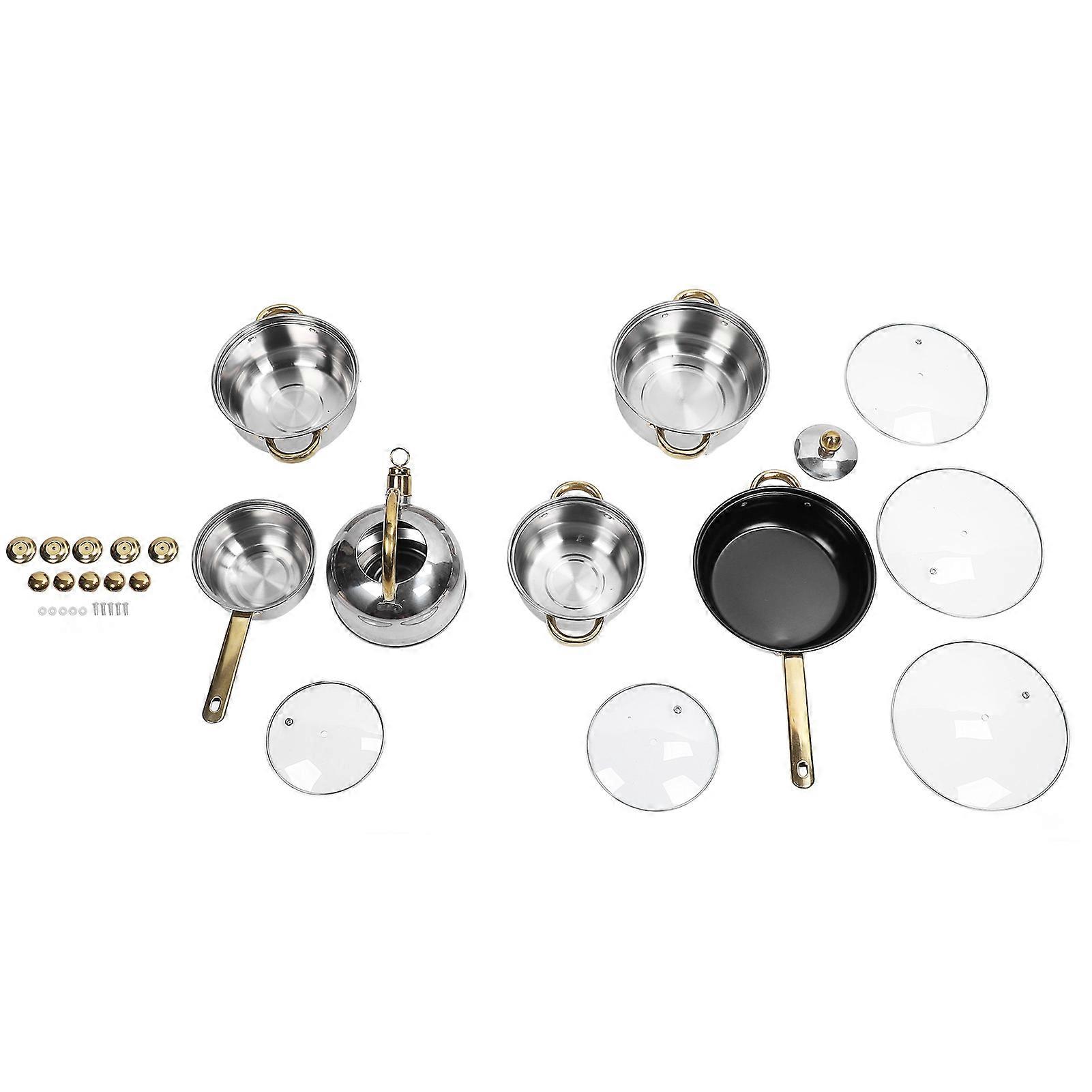 Stainless Steel Cookware Set Stick Proof Pots and Pans Rustproof Gold Handle for Home Kitchen Restaurant Cooking with Kettle