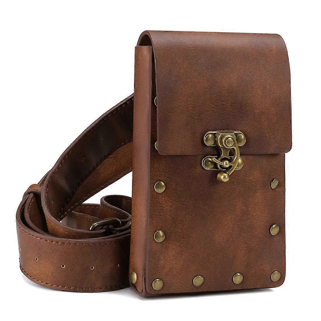 Steampunk Hip Belt Bag Vintage Gothic Retro Women's Travel Motorcycle Pouch with Studs and Buckle Brown