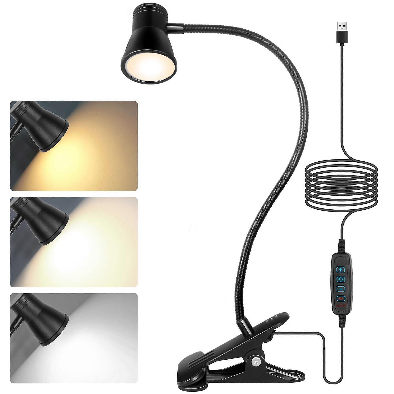 Light clip - Reading Light Light 3 Colors and 10 Brightness - Goose Neck Clip Table Lamp USB Reading Working Working Starting Desk (Black)