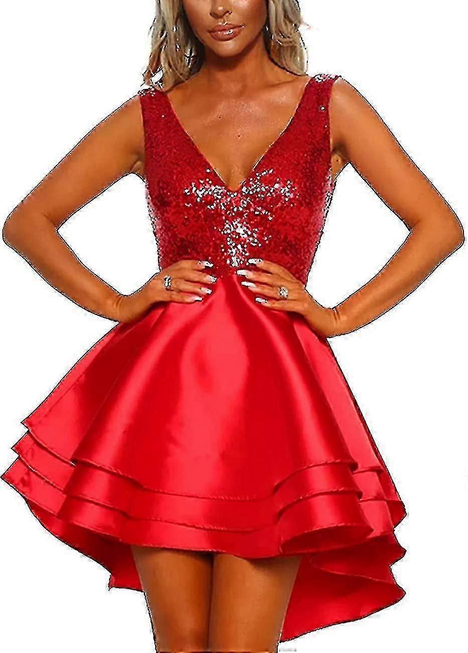 red glitter swing dress Sequin V Neck Skater Mini Club Cocktail Party red sequin midi dress