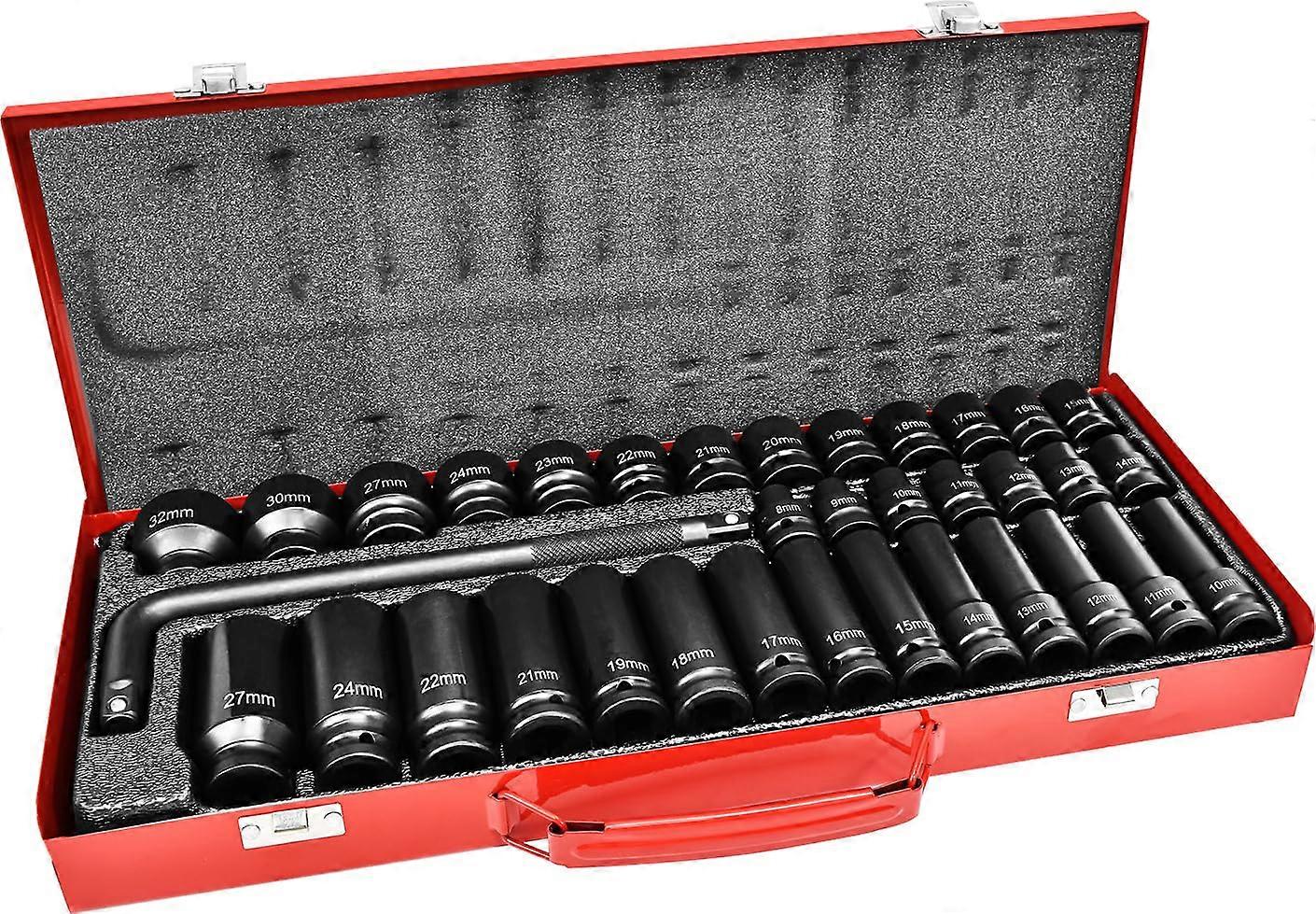 35-Pieces 1/2" DR Drive Deep Impact Socket Set, 6-Point, 8mm-32mm, L-Shape Extension Breaker Bar And Case (22508#)
