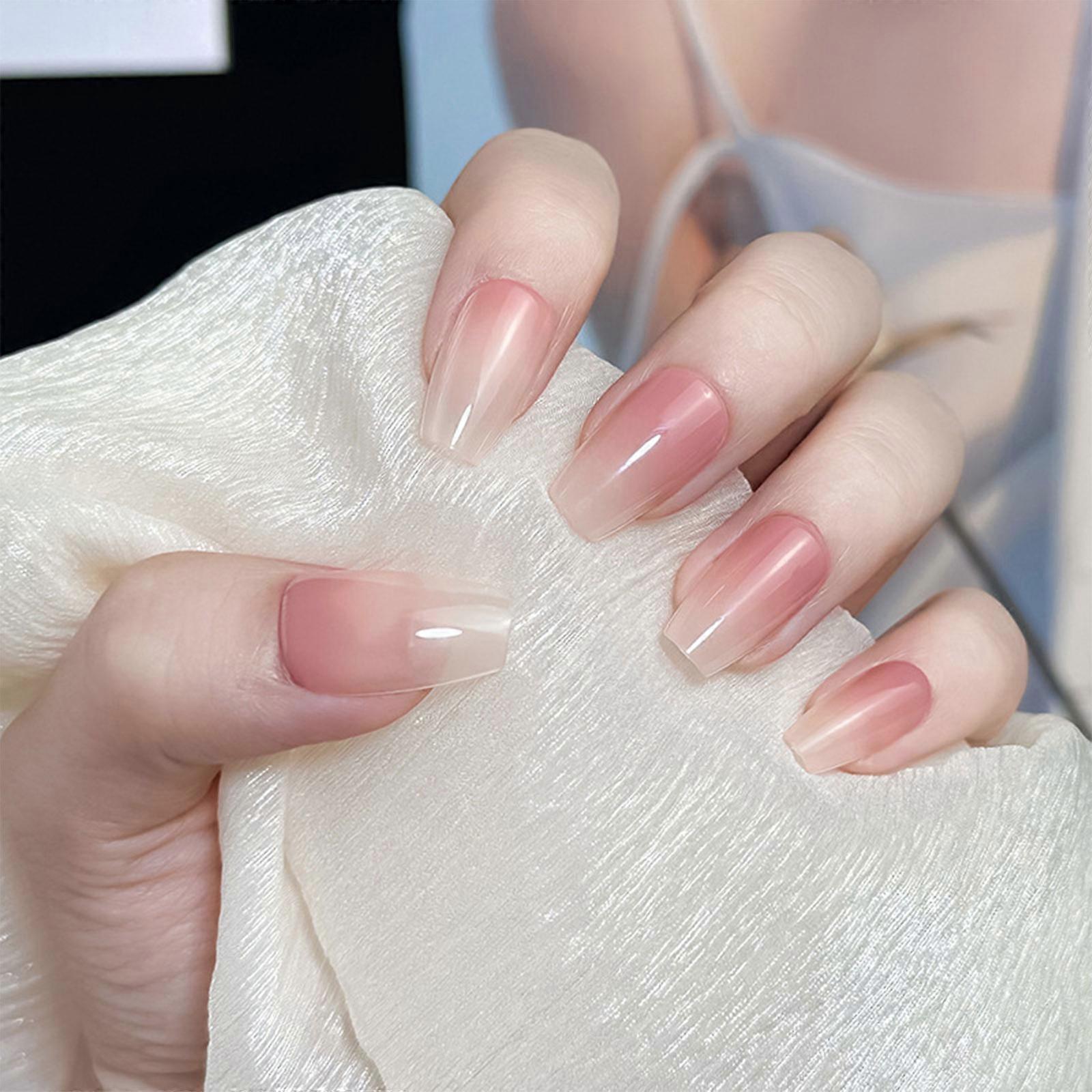 ネイルオンバーショートスクエアフェイクネイルフレンチチップ光沢のある偽のネイルスティック接着剤をネイル人工指の爪のギフトに押します