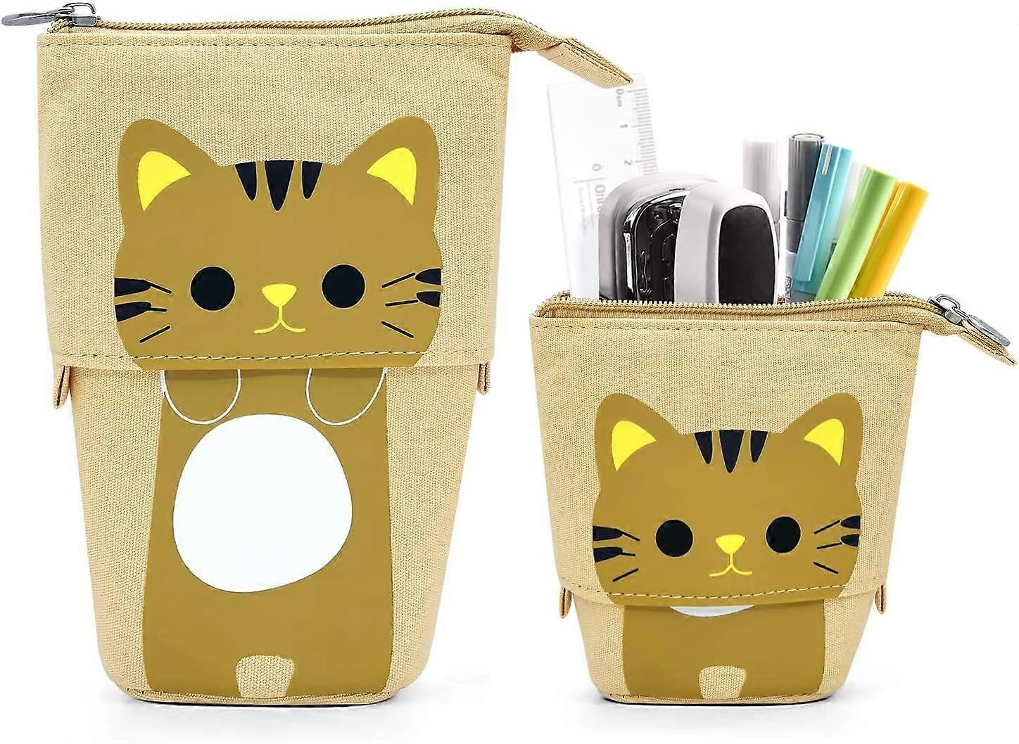 Kot śliczny stojący piórnik dla dzieci, piórnik pop up piórnik etui do makijażu, stojak na długopis cartoon uchwyt na długopis organizer kosmetyczka, kawaii stacjonarny (brązowy)