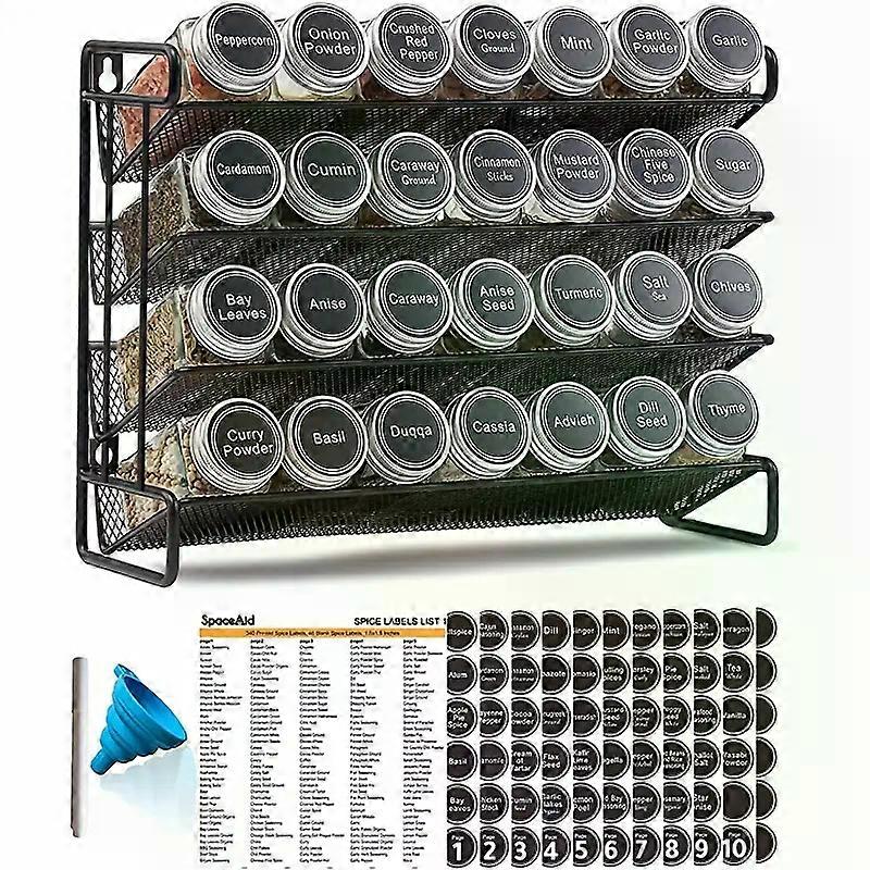 Spice rack organizer, 4-tier with 28 empty jars & 432 labels.
