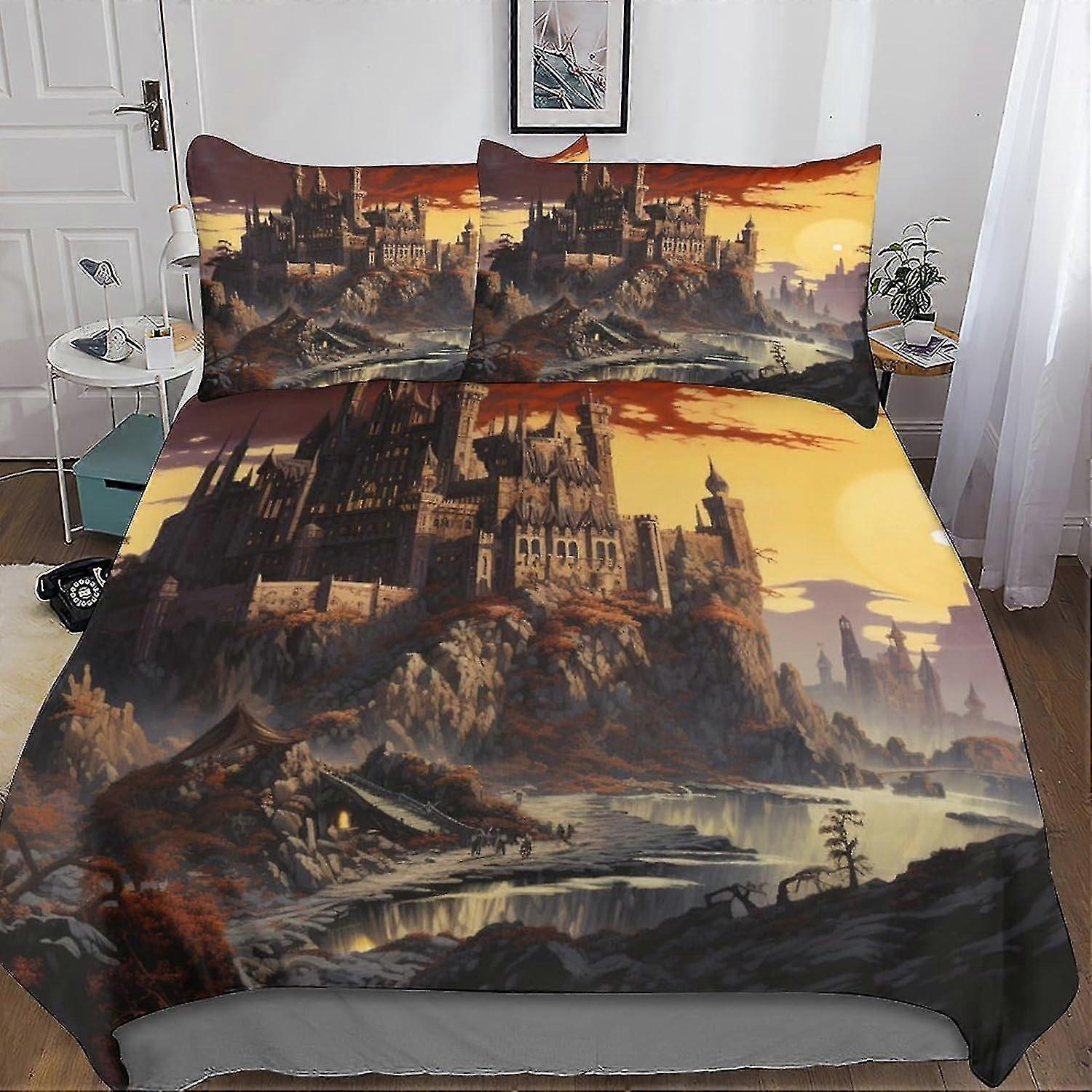 3D Printed Bedding Set with Decorative Comforter Cover and Pillowcase, Scary Architecture Design, Soft Bedspread