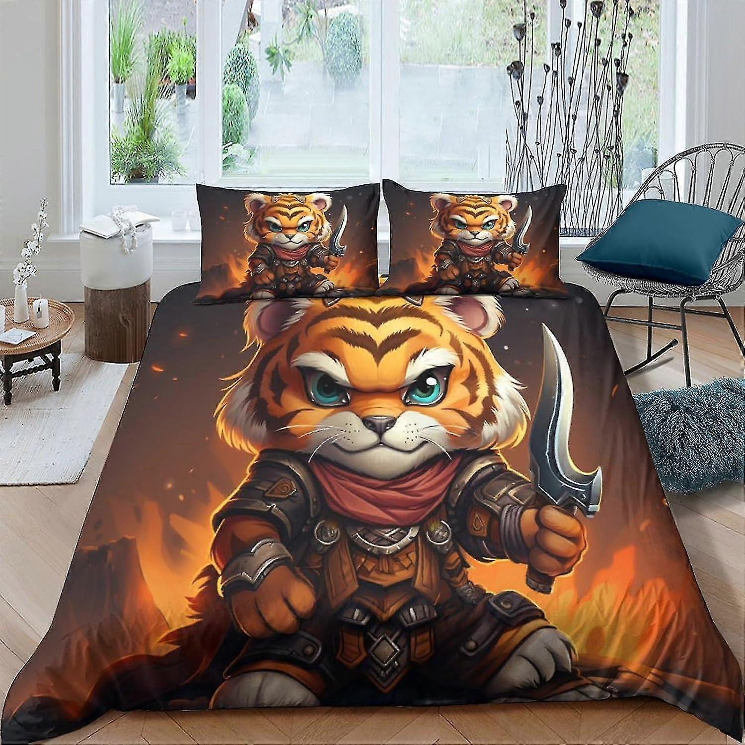 Tiger Quilt Cover 3 Piece Set with Various Cartoon Characters Duvet Cover Set for Kids 3D Bedspread Easy Care Bedding Set Double