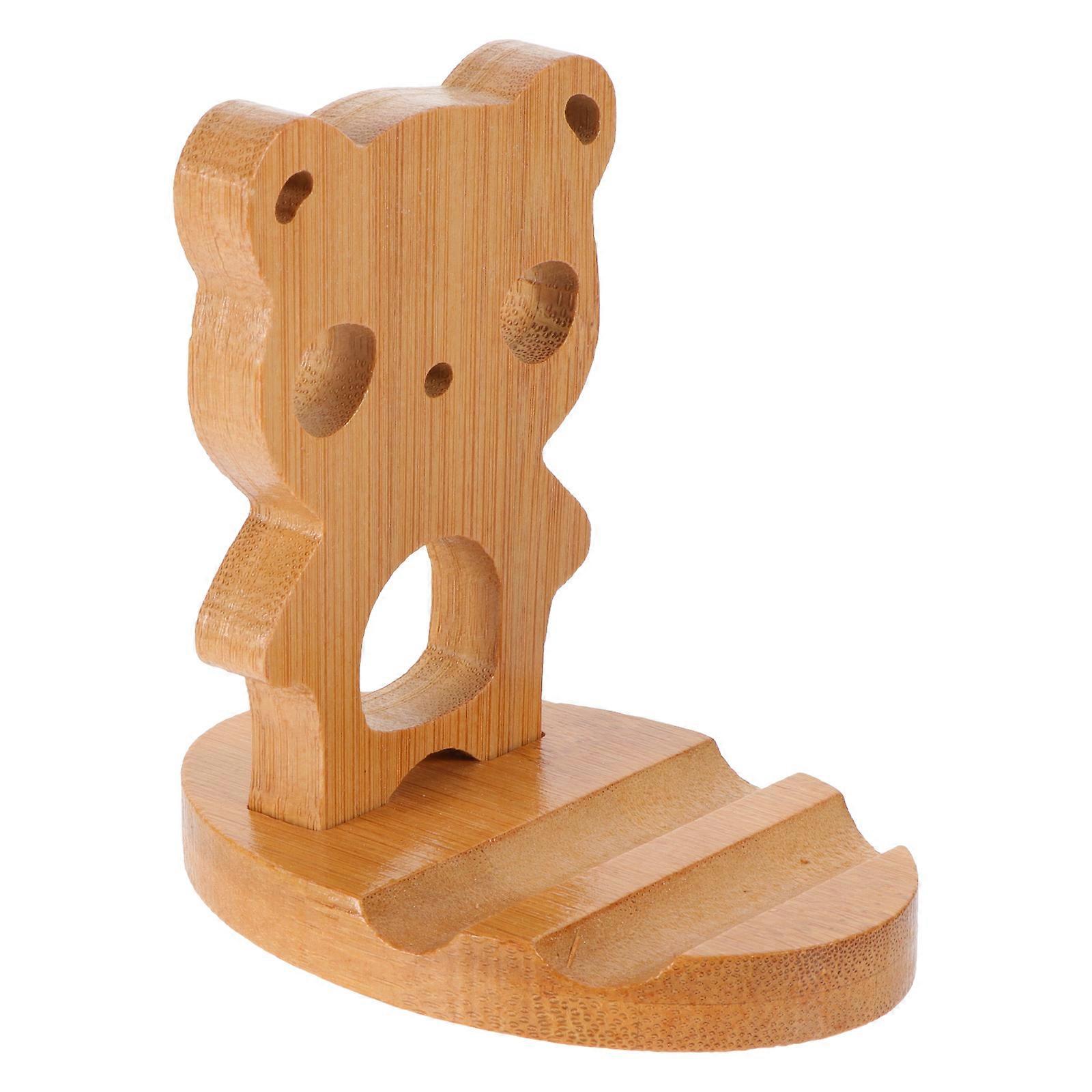 Cute Bear Phone Stand Bamboo Phone Bracket for -Streaming Wood Color 1Pcs