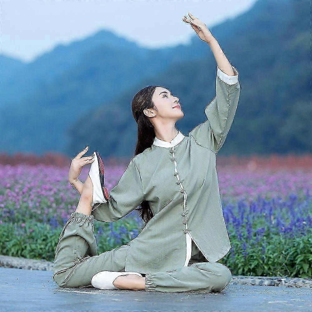 Abito casual in due pezzi in stile cinese Tai Chi, in cotone e lino, per yoga