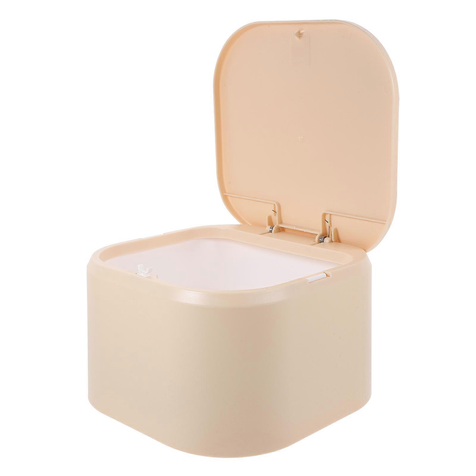Desktop Trash Can Pressing Type for Home Beige Lidded Waste Bin