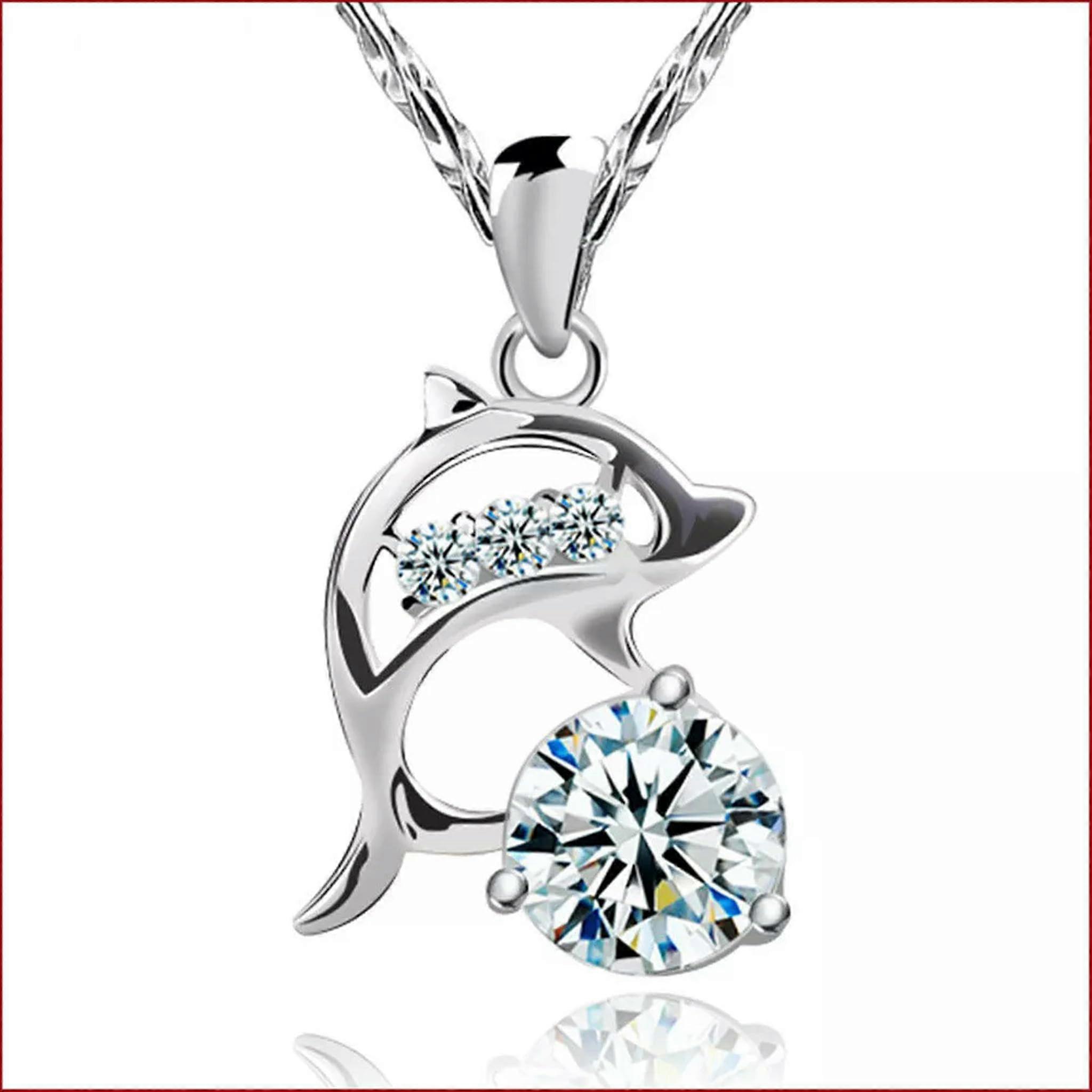 925 Sterling Silver Crystal Dolphin Pendant Necklace For Women Classic Jewelry