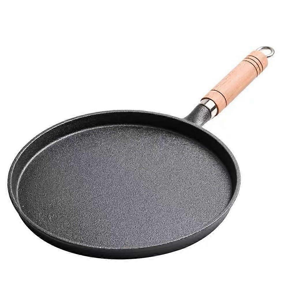 Cast iron pancake pan with wooden handle, thickened for better heat regulation and easy flipping of pancakes while cooking (26).