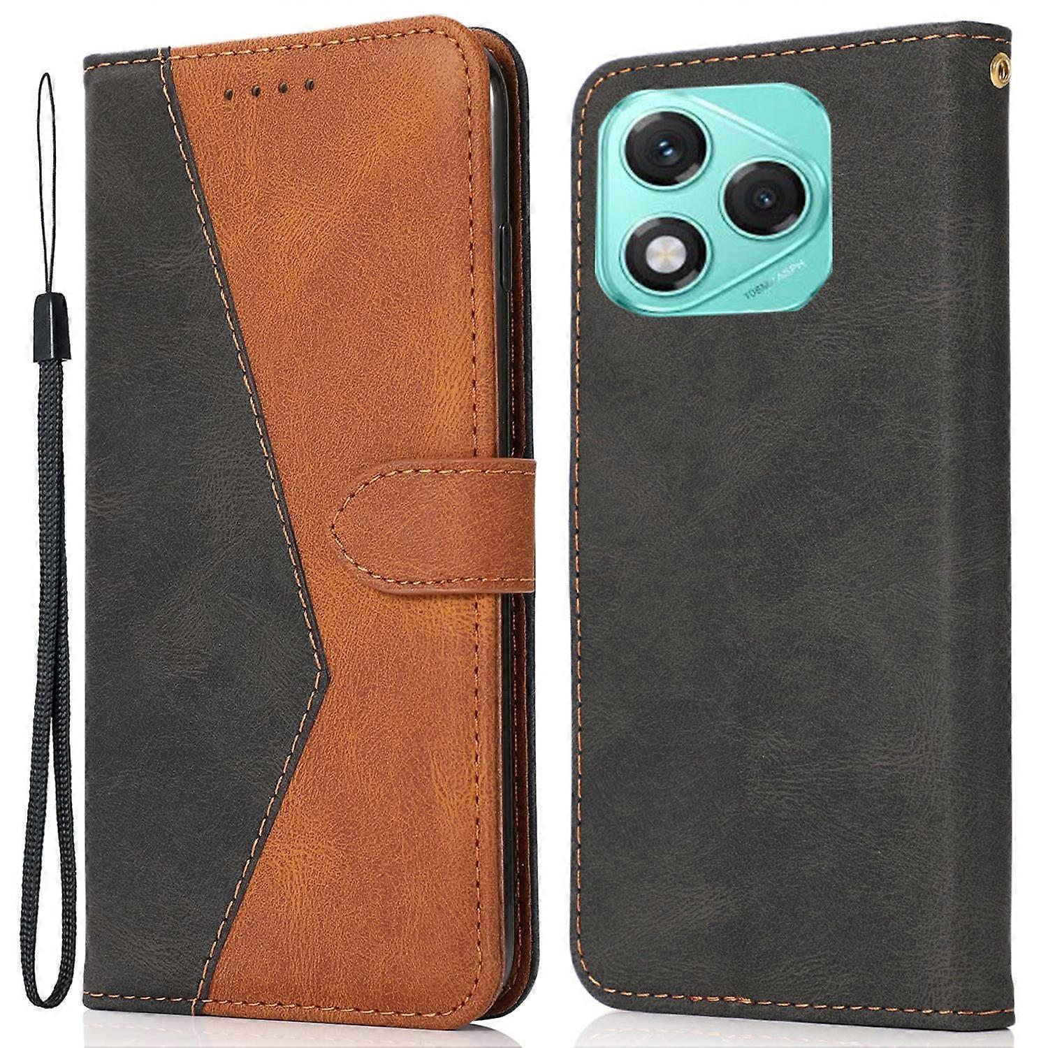 For Honor 400 Lite 5G Case Color Splicing Wallet Stand Leather Phone Cover with Wrist Strap