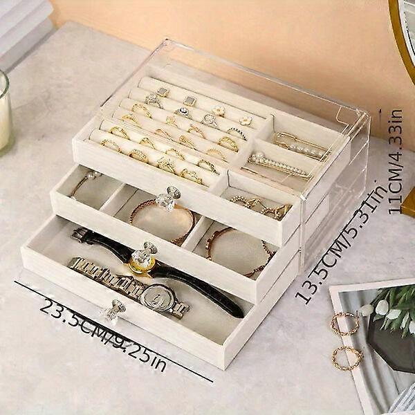 Transparent three-layer jewelry box with three side baskets for easy storage