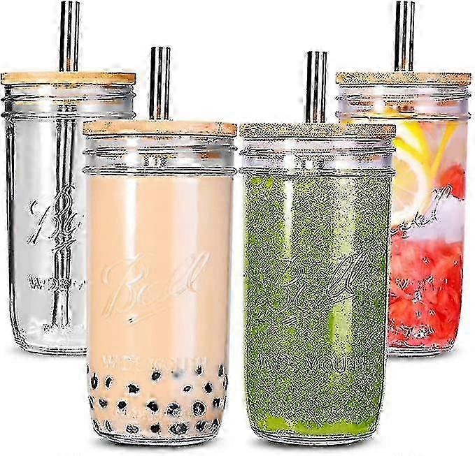 Lot de 4 gobelets à thé aux perles de 680 ml, gobelets réutilisables à large ouverture Mason pour smoothies et café glacé