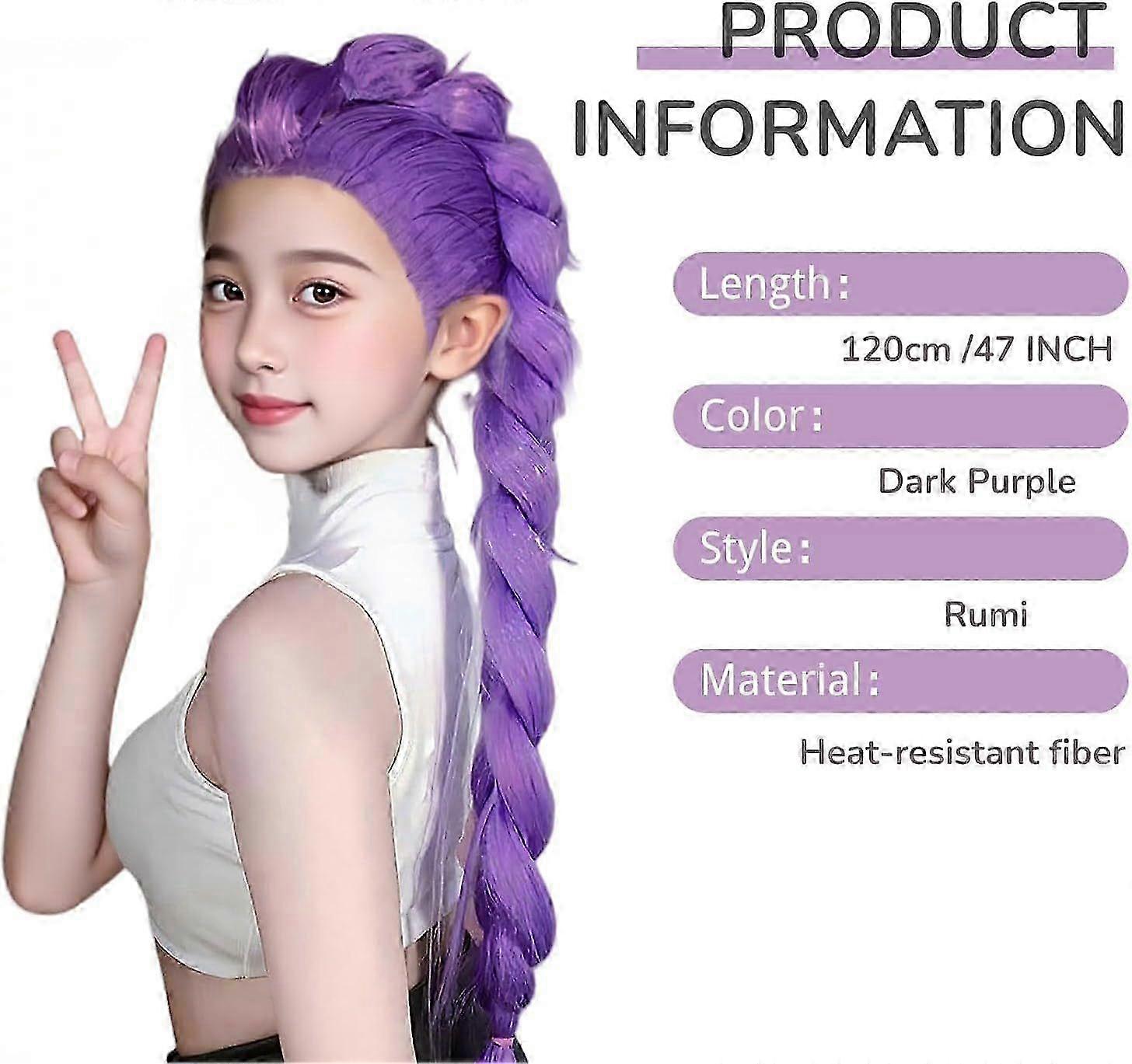 Peluca De Cosplay Larga De 120 Cm | Color Púrpura Con Trenzas, Para Niñas Y Niños, Accesorio De Halloween Y Fiestas