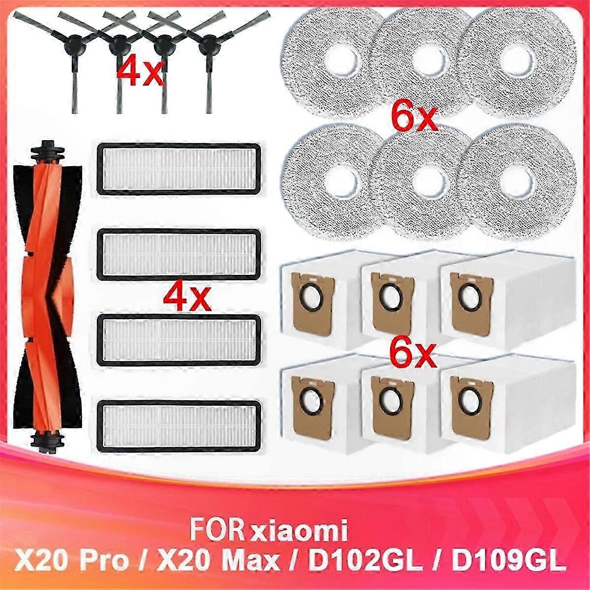 Replacement Parts for Robot Vacuum Models X20 Pro, X20 Max, D102GL, D109GL - Includes Main Brush, HEPA Filter, Mop Pads, Dust Bag
