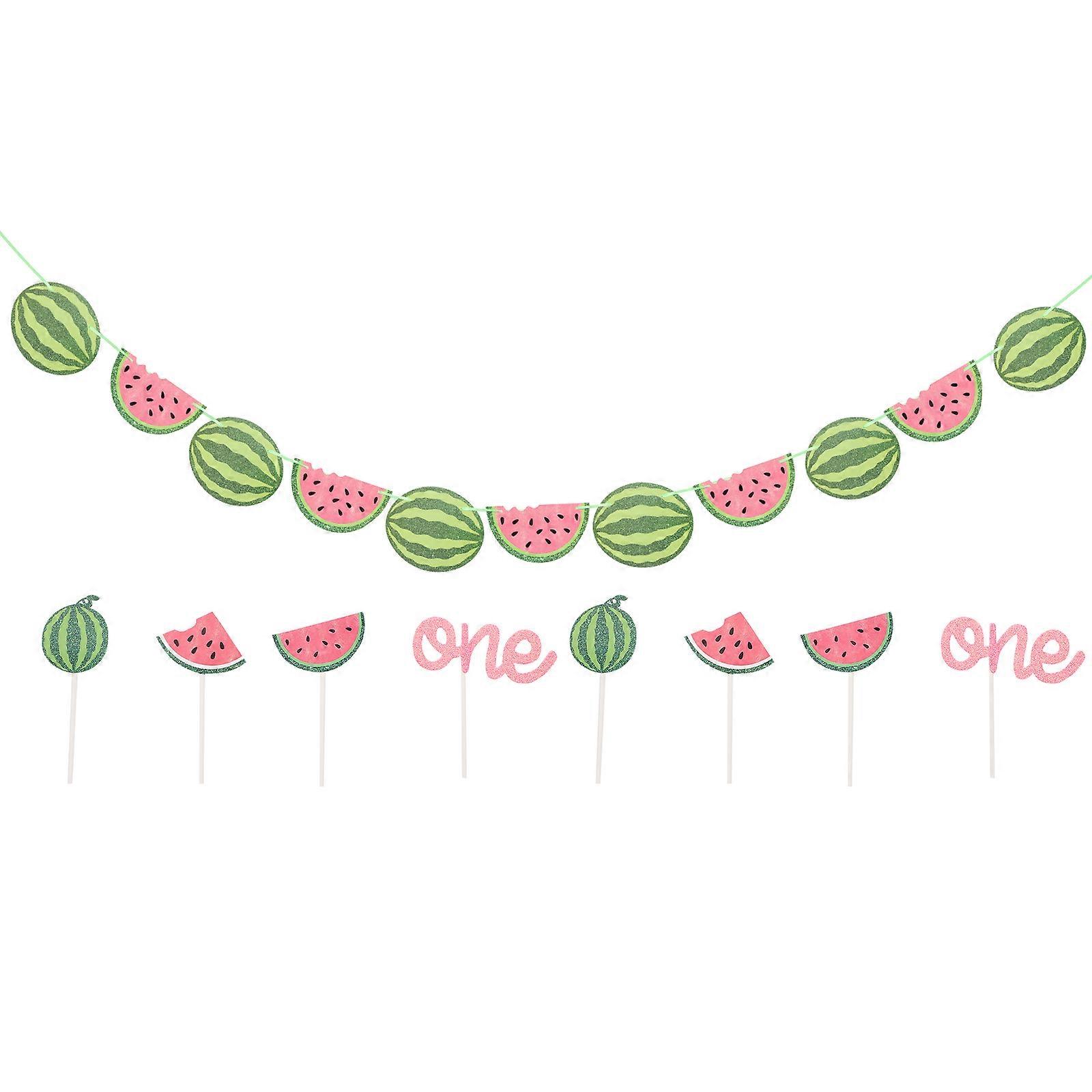 Assorted Color Watermelon Banner And Cake Picks 2 Sets Ideal For Summer Birthday Party Decoration And Cake Styling