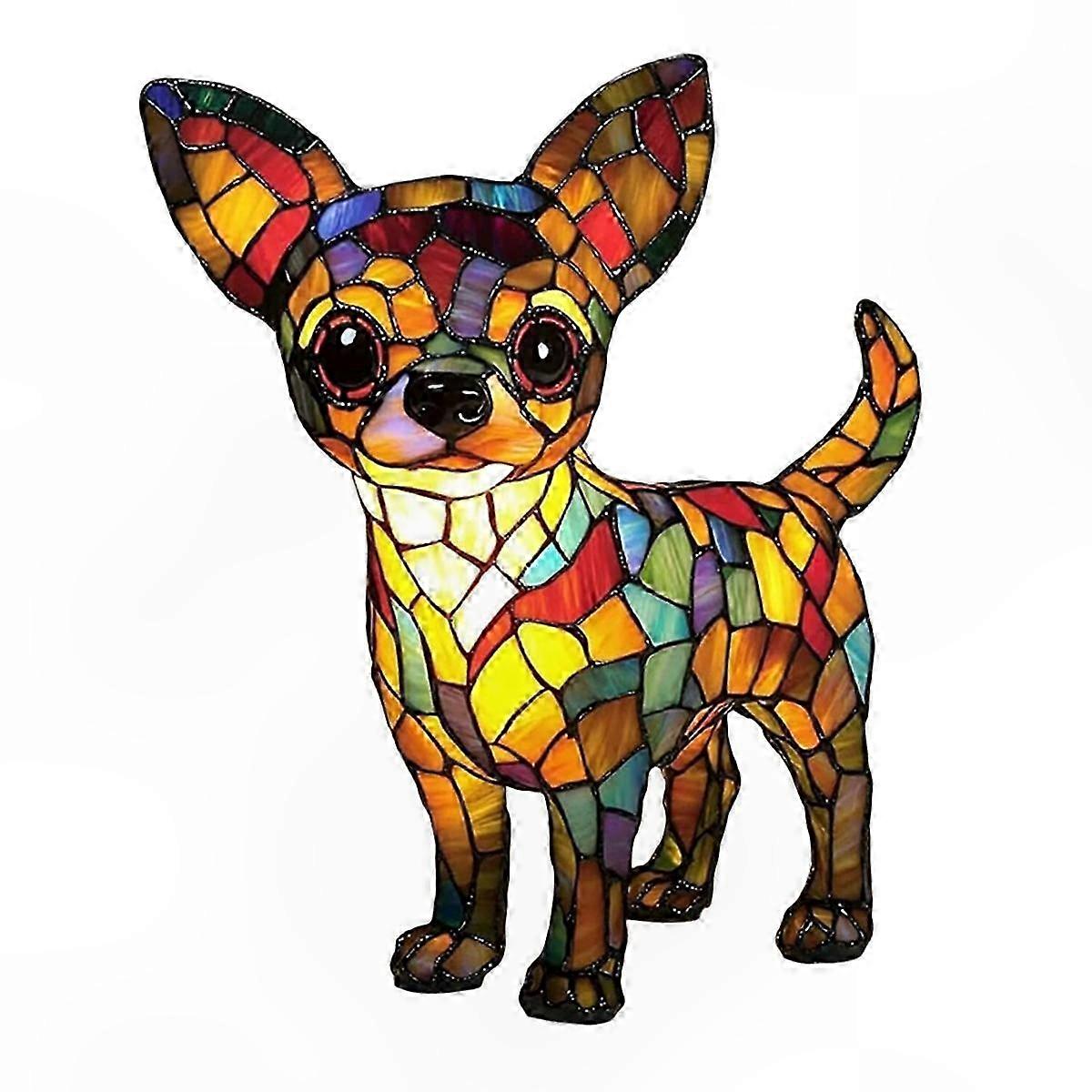 Lampe de table vintage en résine représentant un chien chihuahua - Veilleuse rétro en vitrail