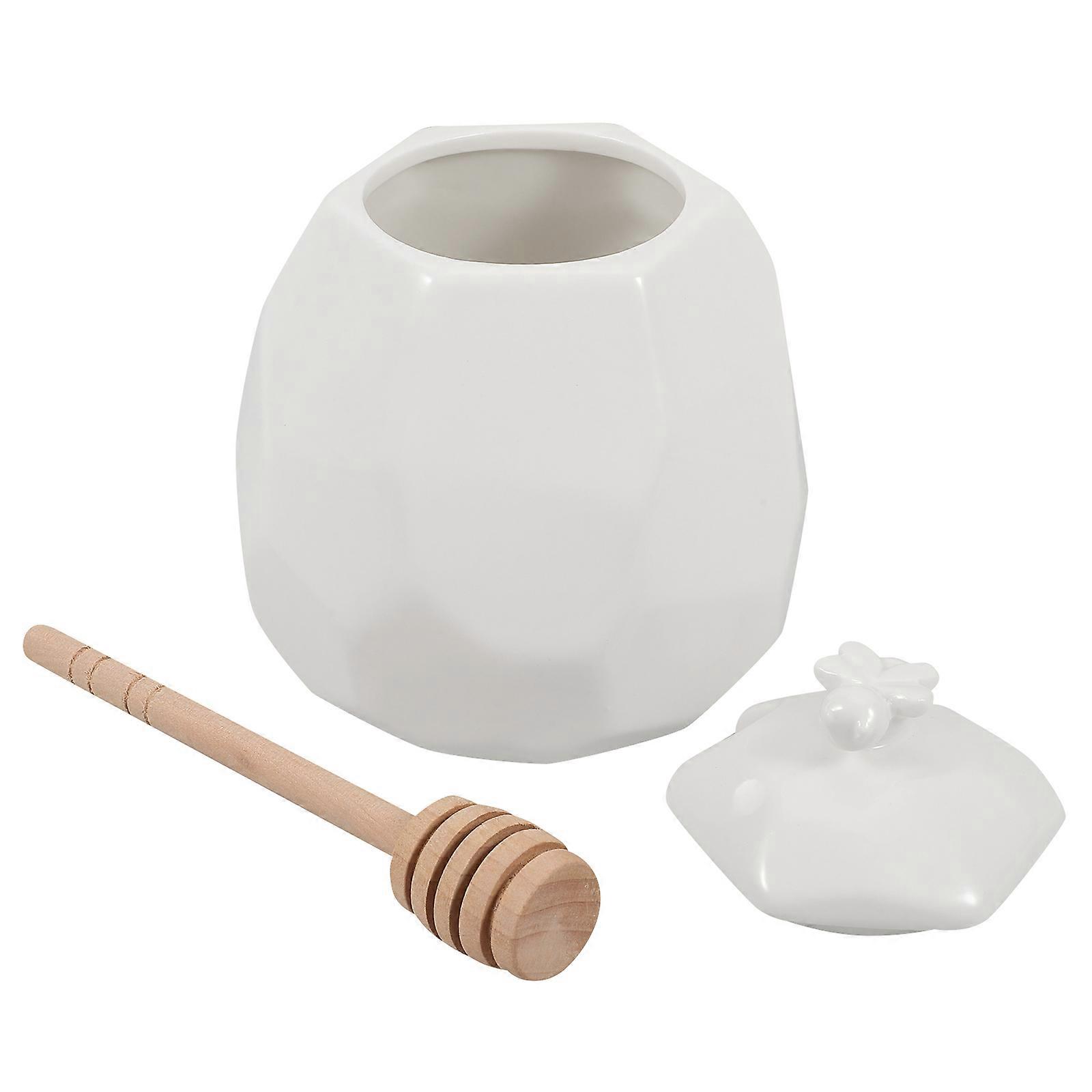 Honey Jar Ceramic Container with Wooden Dipper for Storage 4Sets