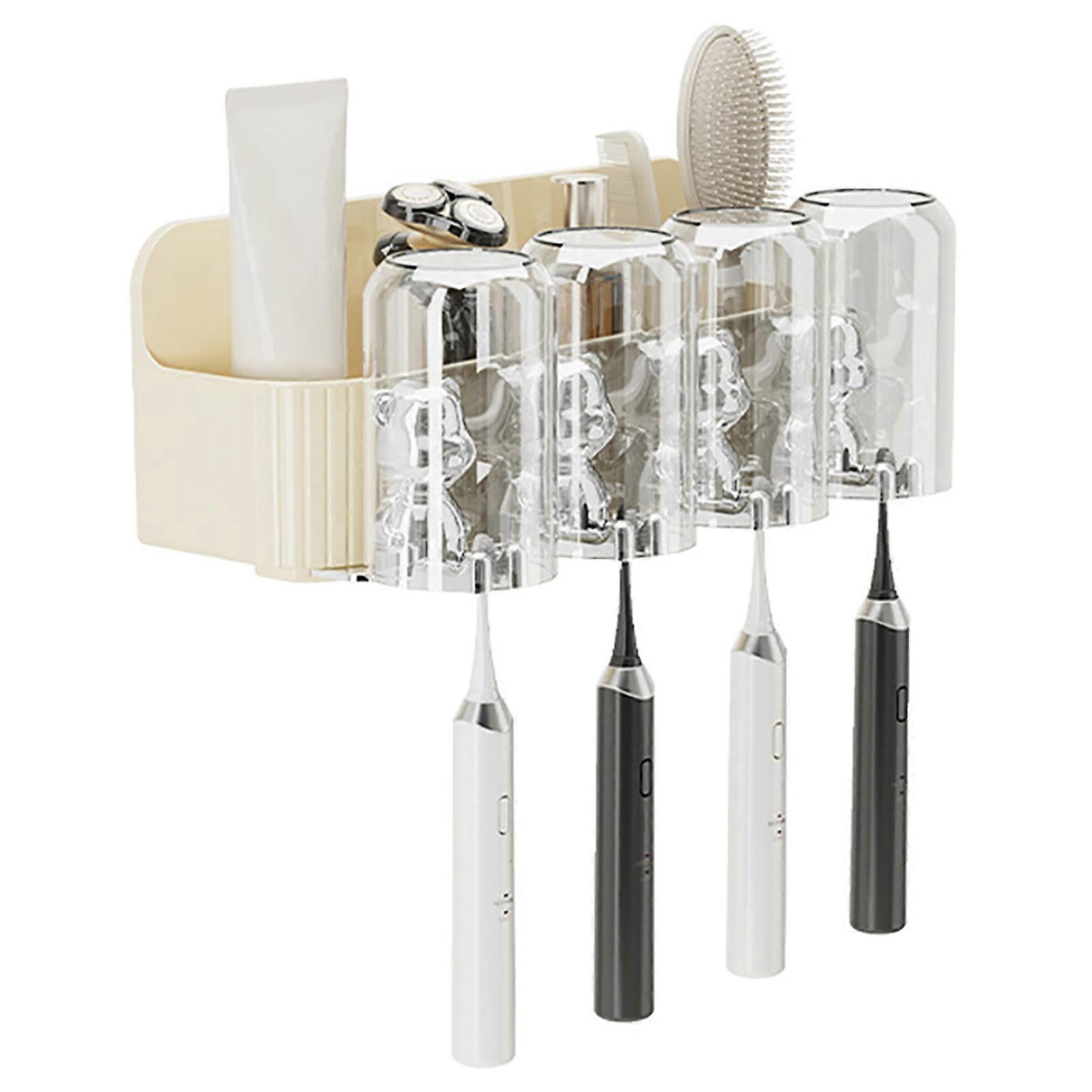 Cute Bear Toothbrush Shelf with 4 Cups & Auto Toothpaste Squeezer