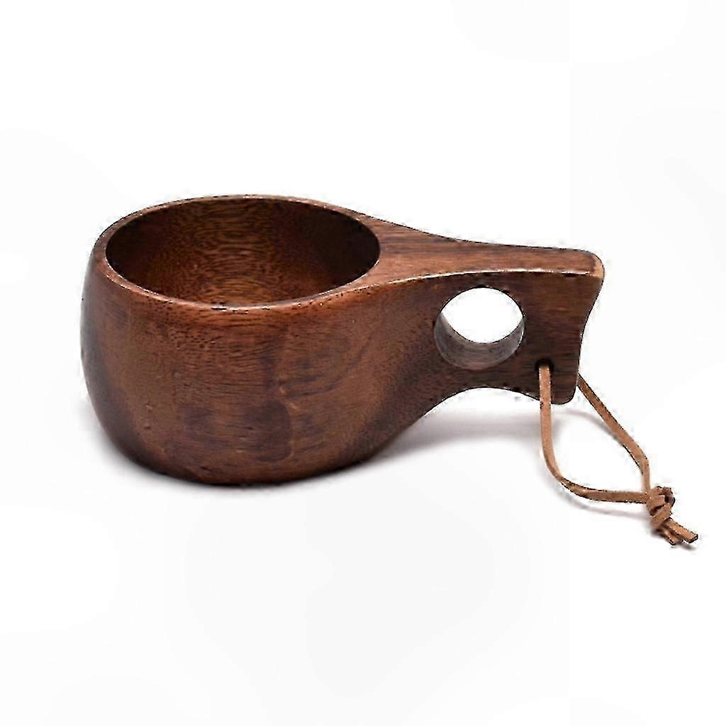 Acacia Wood Handle Coffee Mug with Cowhide Rope Hook for Portable Drinking