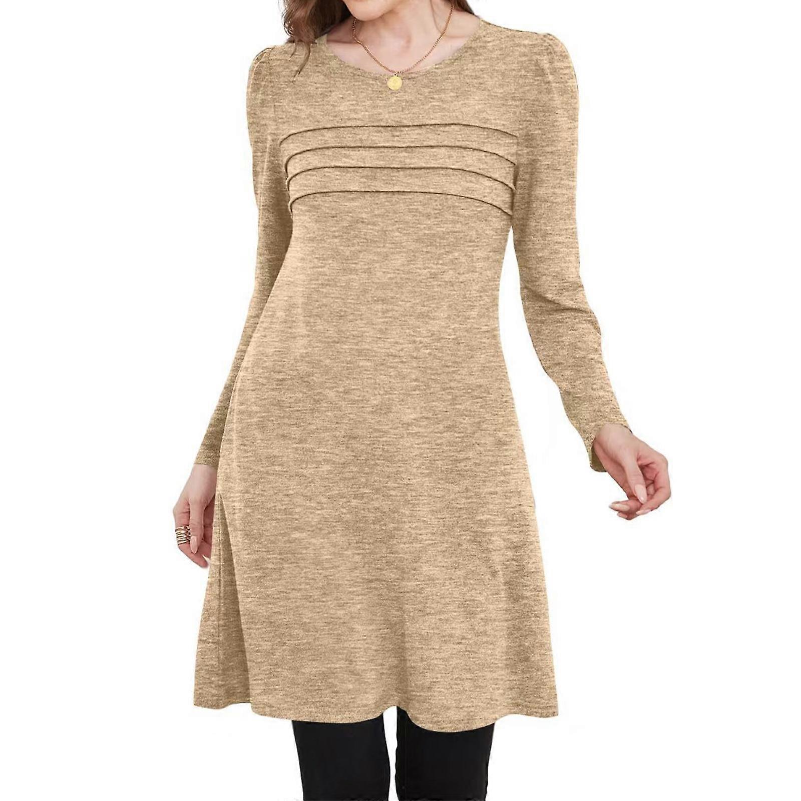 Womens Long Sleeve Tunic Dress Fall Fashion Sweater Dress with Pockets  Pleated Front Casual Winter Khaki M