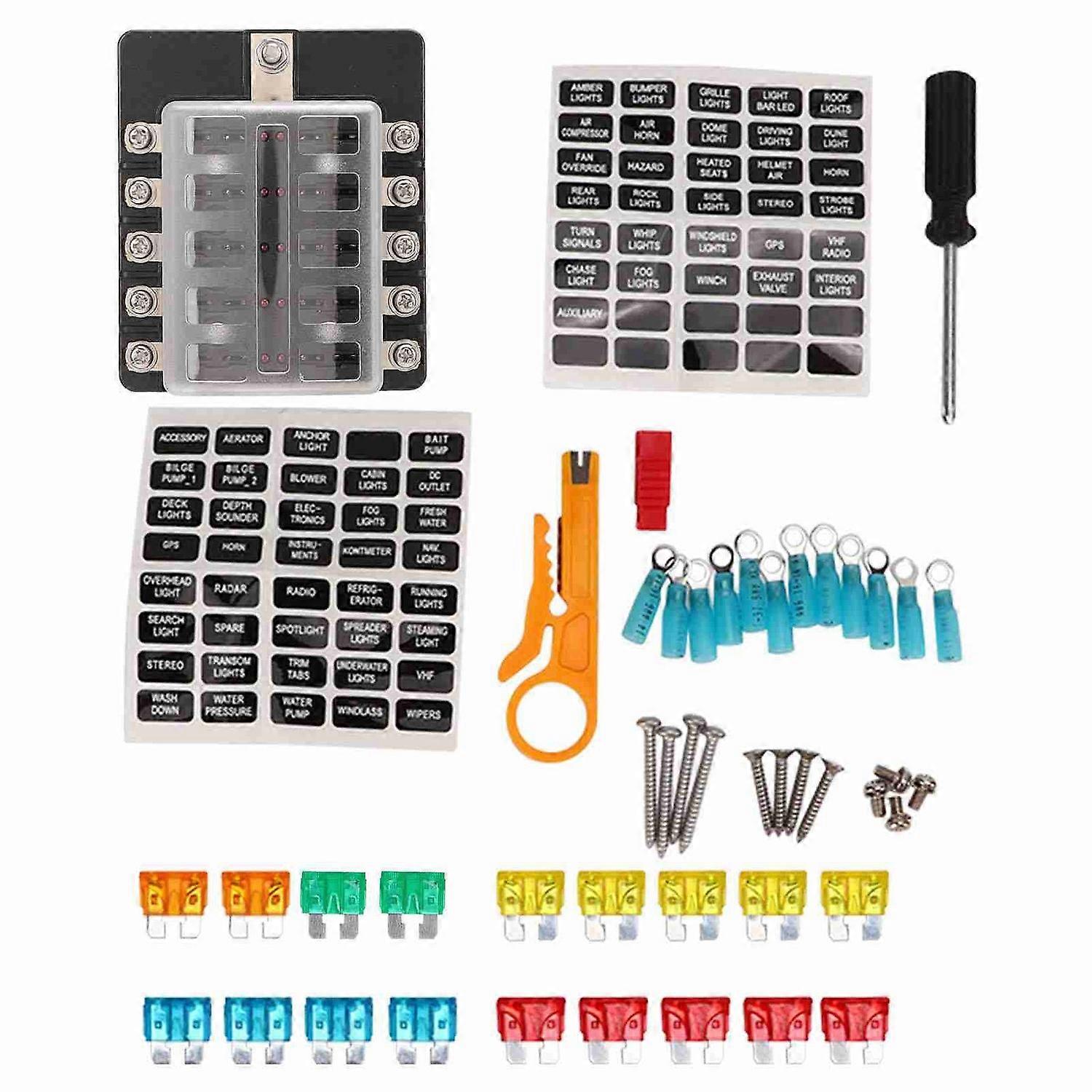 10 Way Blade Fuse Box 10‑32V 100A Rated Dustproof Clip On Cover with Red LED Indicator for Car RV Bu