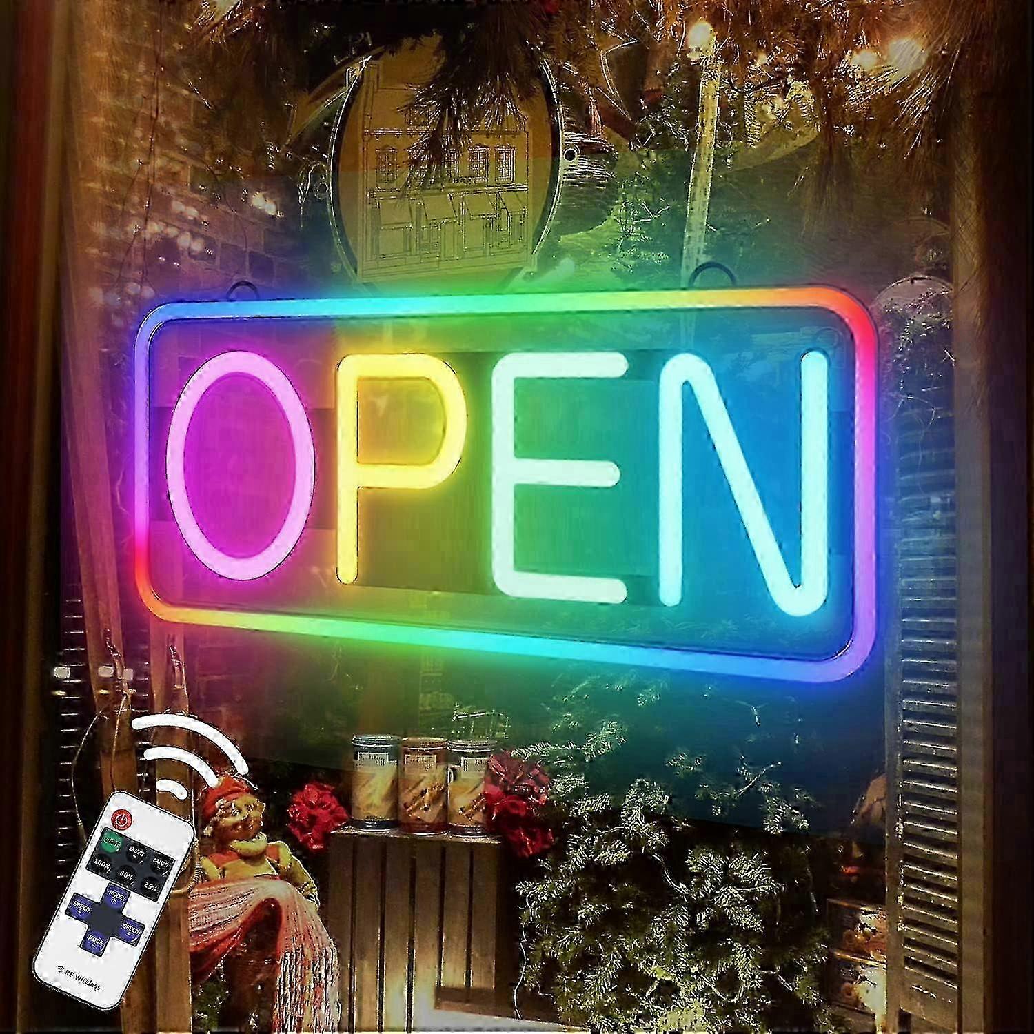 LED Open Sign 21x10 Inch, Neon Sign with Remote, RGB Color Changing & Scrolling Modes, Adjustable Brightness & Speed for Business