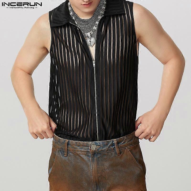INCERUN Men Zip-up Sleeveless Mesh Sheer Striped See Through Tank Tops