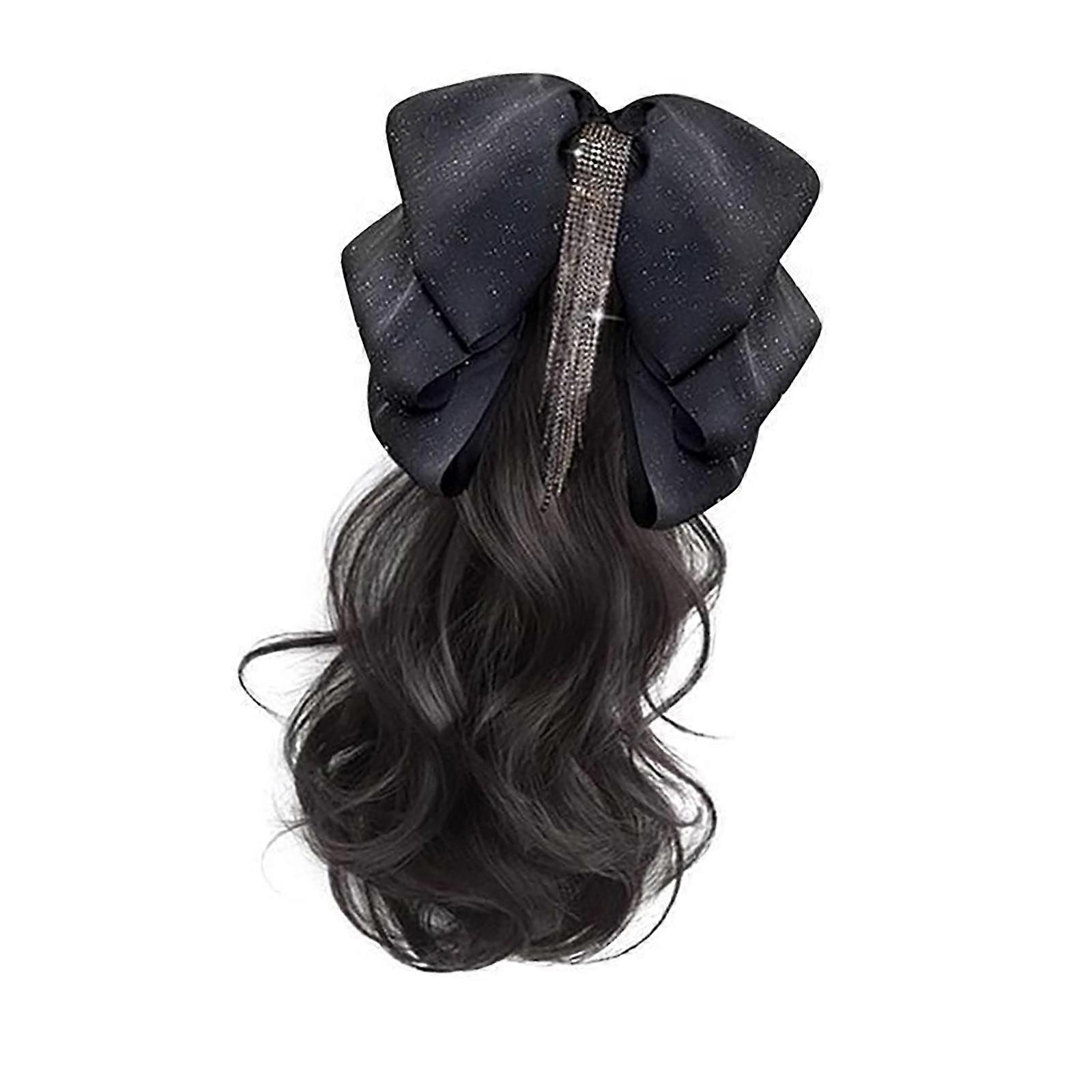 Extensions de cheveux de queue de cheval bouclée Griffe Extensions de cheveux bouclés avec Bowknot Fille Postiche bouclé Élégant Bowknot scintillant Noir naturel