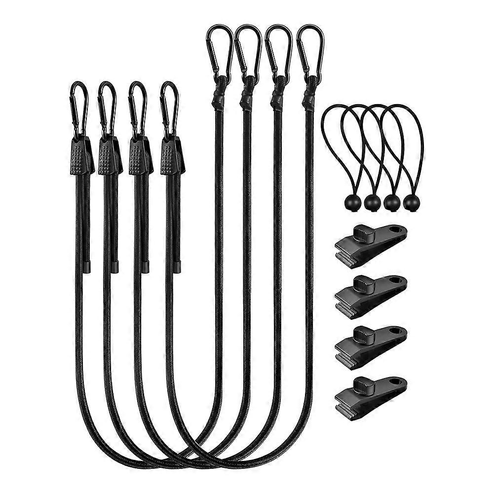 Adjustable Black Bungee Cords with Hooks, 48 Inch Elastic Strap with Tarp Bungee Cords and Tarp Clips (12 Pcs)