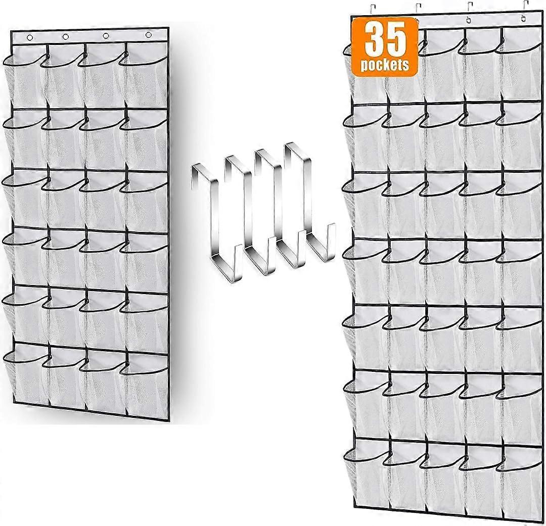 Over Door Shoe Organizer with 35 Large Pockets and 24 Mesh Pockets for Closet Storage White