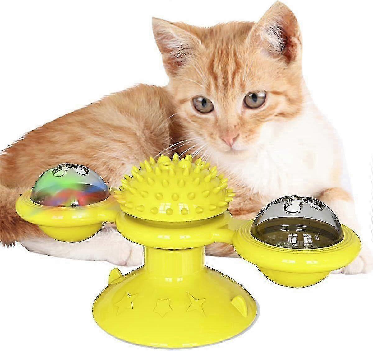 e Windmill Cat Toy with Catnip, Interactive Cat Spinning Toys with Suction Cup Kitten Turntable Massage Toy for Indoor Cats (Yellow)