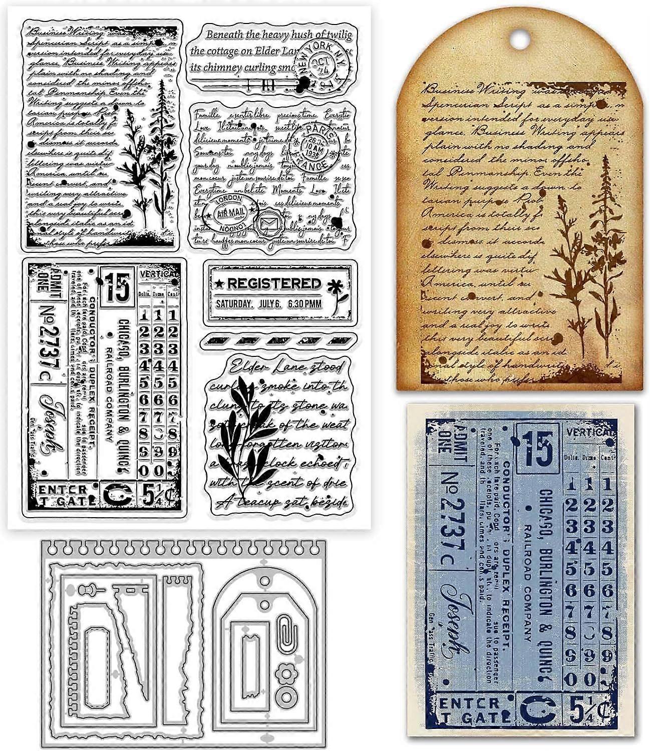 Vintage Text Background Clear Stamp and Cutting Dies Set for Card Making Retro Lable Silicone Clear Stamp Torn Edge Sticky Note Die Cuts for DIY Scrap