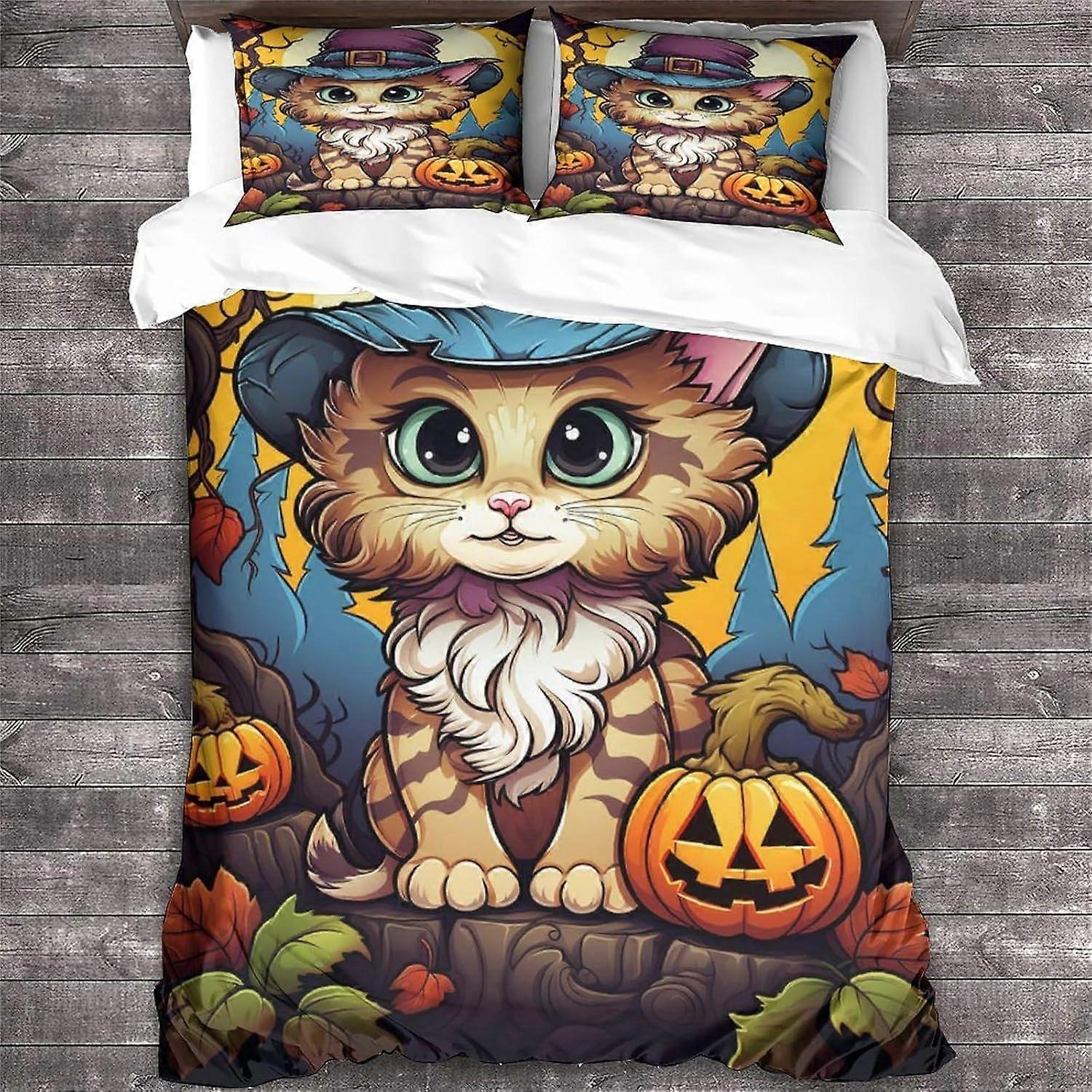 Conjunto de capa de edredom LikeEj com estampa de gato 3D, capa de edredom de Halloween para jovens, capa de edredom de microfibra macia com estampa de animais, conjunto de cama de casal com 3 peças.