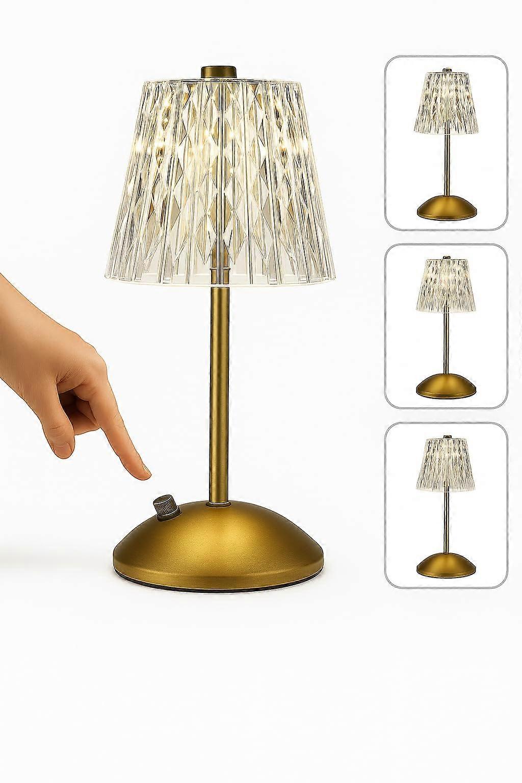 Gold Crystal Table Lamp Touch Control 3Color Dimmable Wireless Rechargeable LED for Bedroom