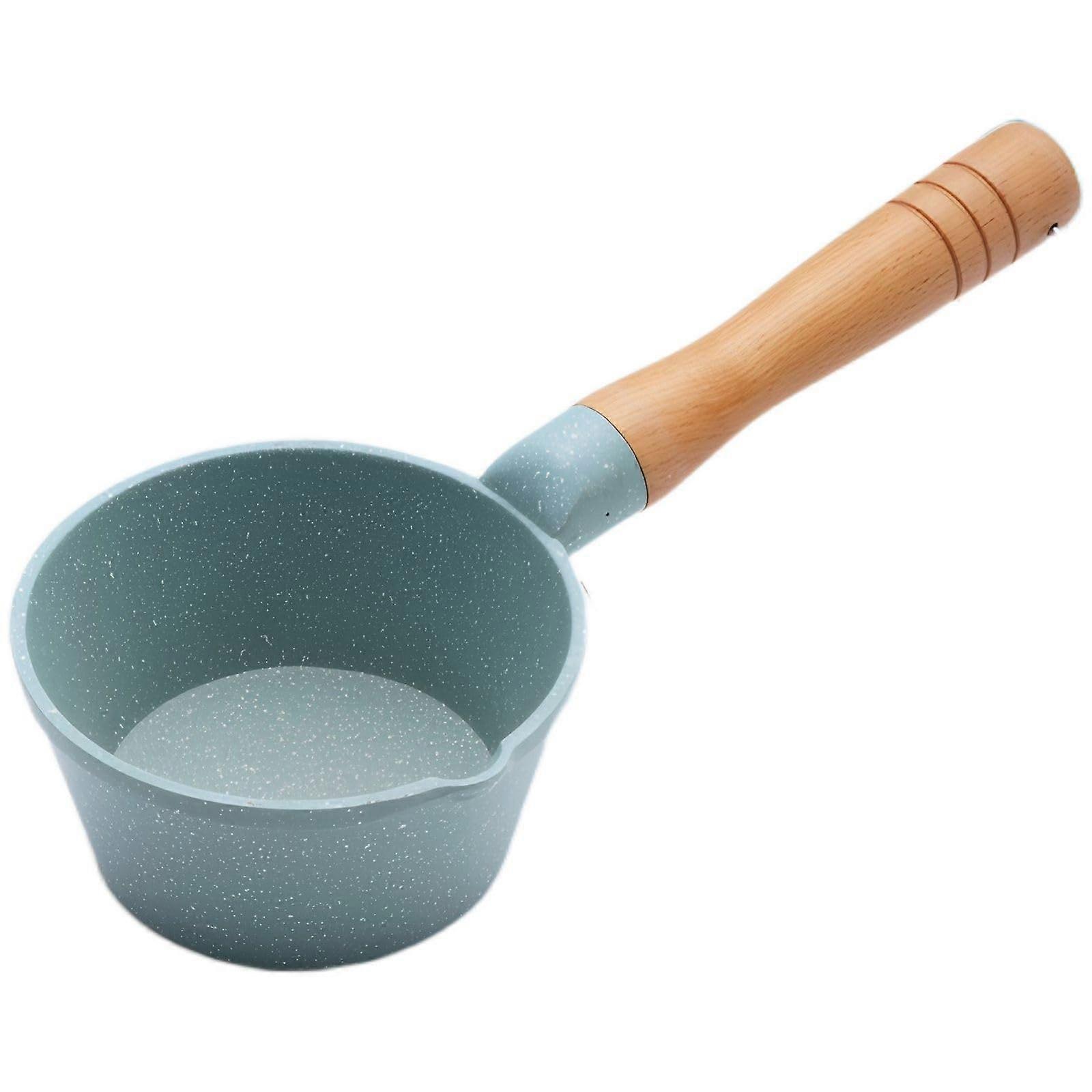 Mini Oil Pot with Spout and Wooden Handle, Nonstick Resin for Small Batch Cooking Cyan