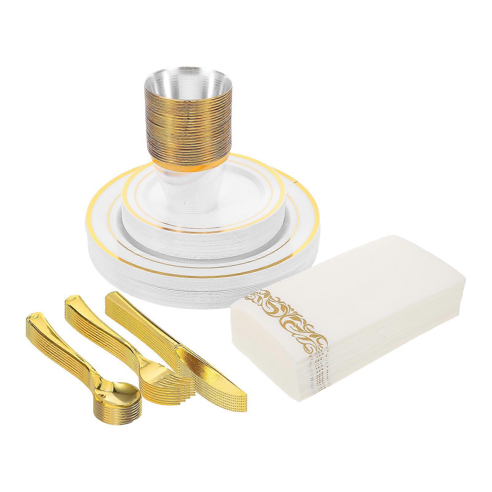 Plastic Gold Cutlery Dinnerware Set for Party Use Including 25 Complete Sets