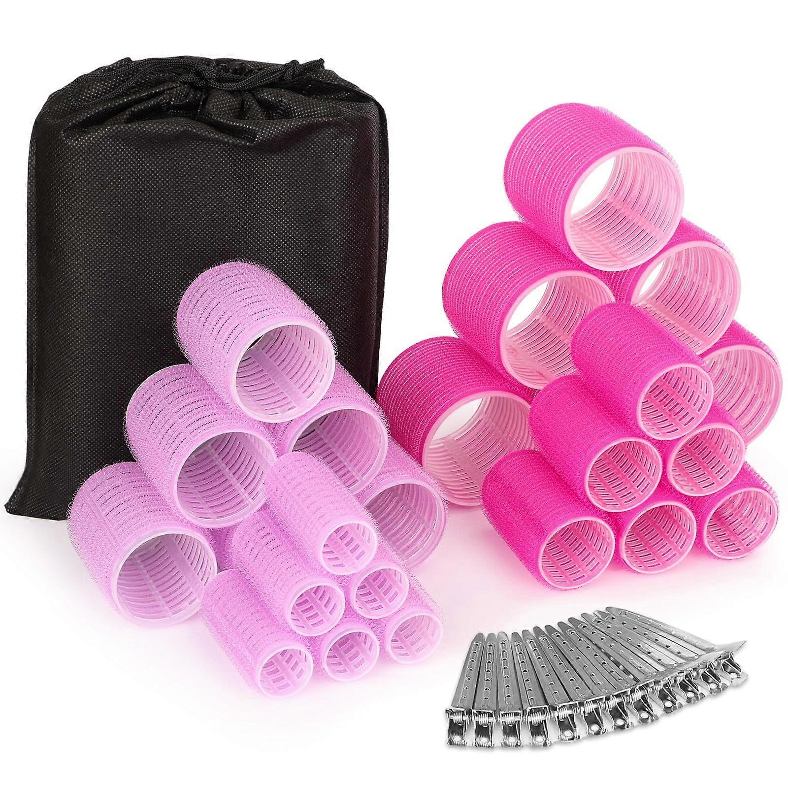 Hair Rollers Set with Clips, 36pcs Self Grip Curlers in 4 Sizes for No Heat Styling, Pink