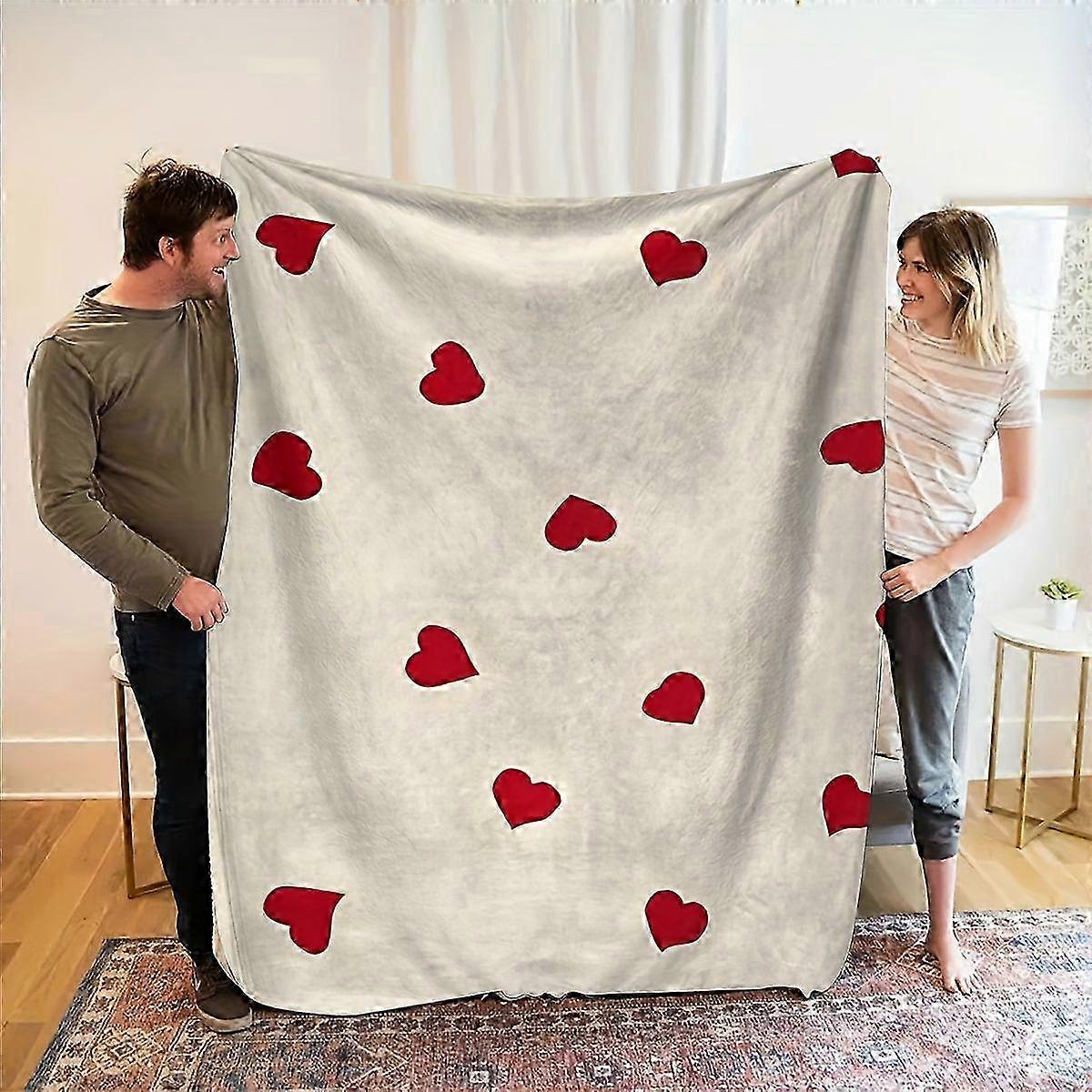 Luxurious Plush Fleece Heart Pattern Throw Blanket - Red & White All-Season Soft Bedspread for Couples, Valentine's Day -nbvcx365