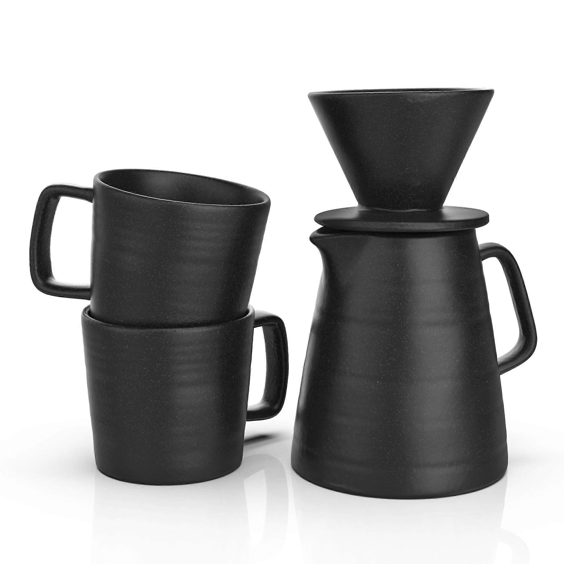 Pour Over Coffee Maker Set for Two with Ceramic Dripper and Mugs, Dishwasher and Microwave Safe, Black